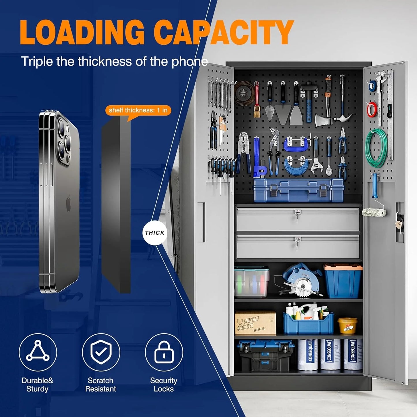 Yizosh Metal Garage Storage Cabinet with Locking Doors and 2 Drawers, Heavy Duty Steel Tool Cabinet with Pegboard, 71" - Lockable Cabinets