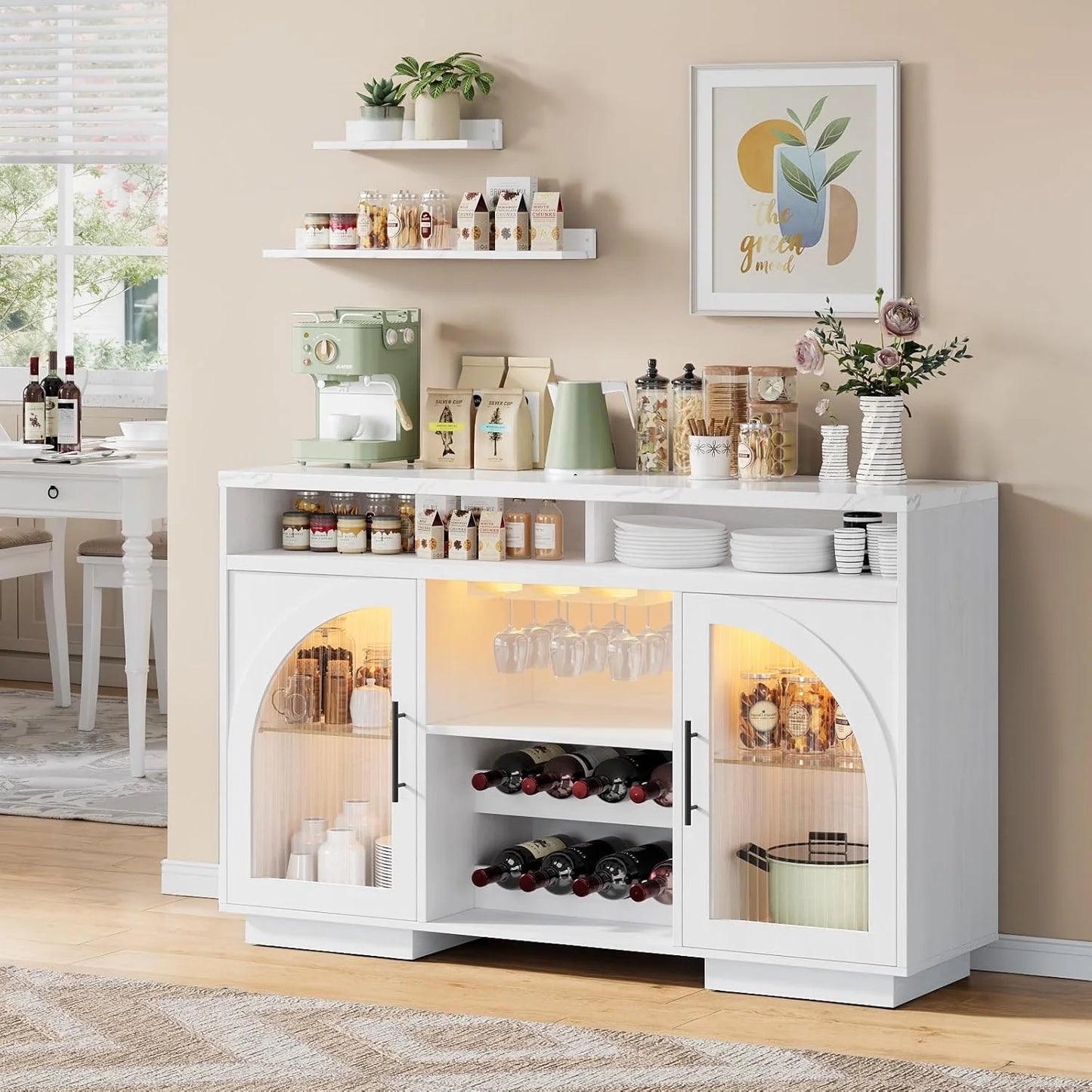 Sideboard, 54-inch kitchen cabinet with LED lights and arched glass doors, tall bar cabinet