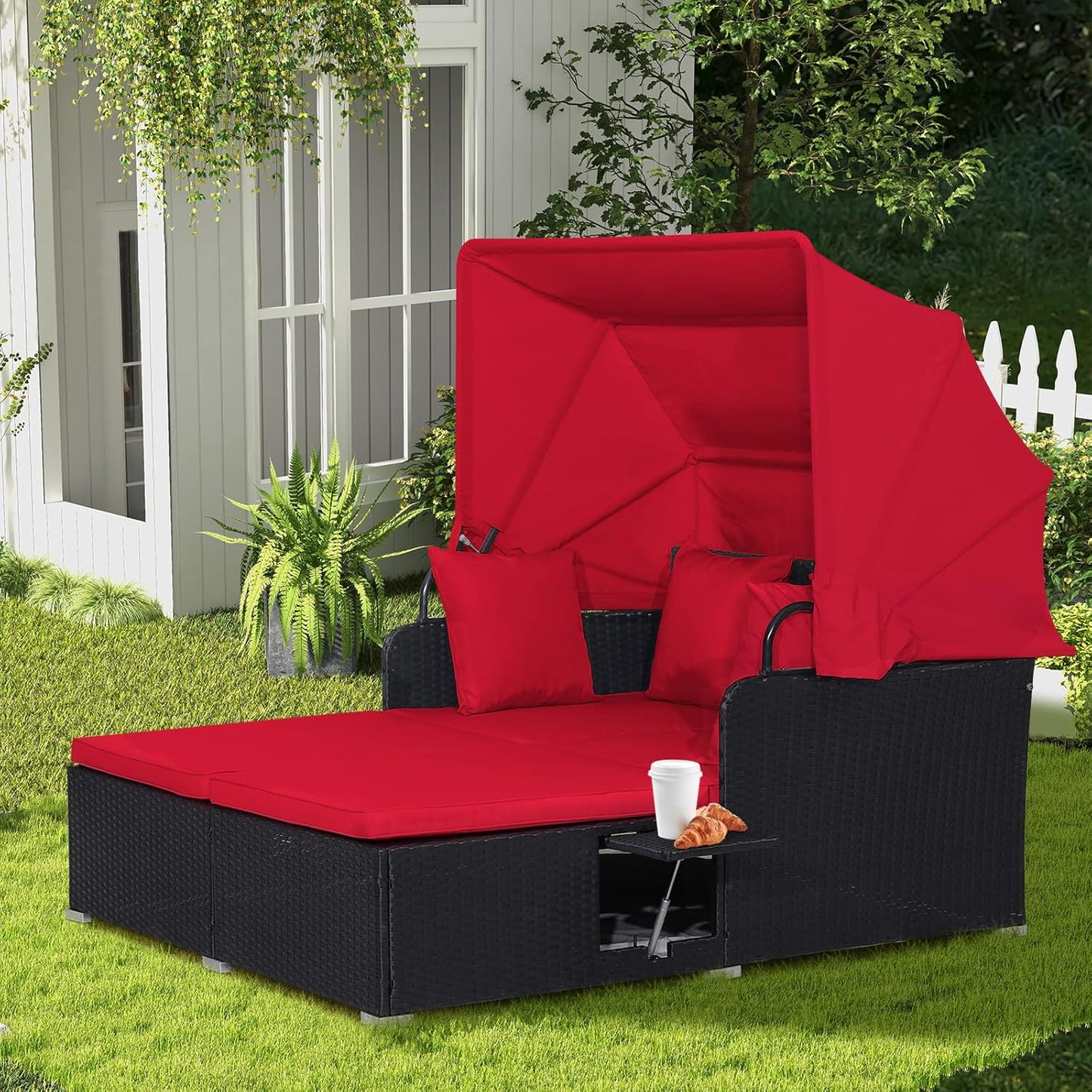 RELAX4LIFE Patio Outdoor Daybed with Canopy, Wicker Sunbed w/Cushions, 4 Pillows & 2 Retractable Side Trays, 2-Person Lounge Bed Conversation for Poolside Porch Garden, Rattan Outdoor Bed (Turquoise)