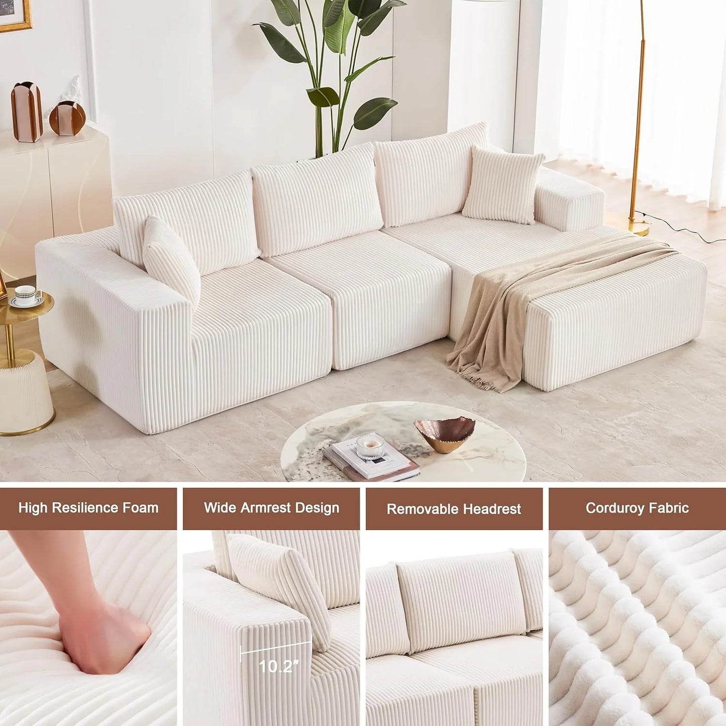 108-inch modular sofa, cloud modular sofa, with deep seat and reclining chair, upholstered sofa