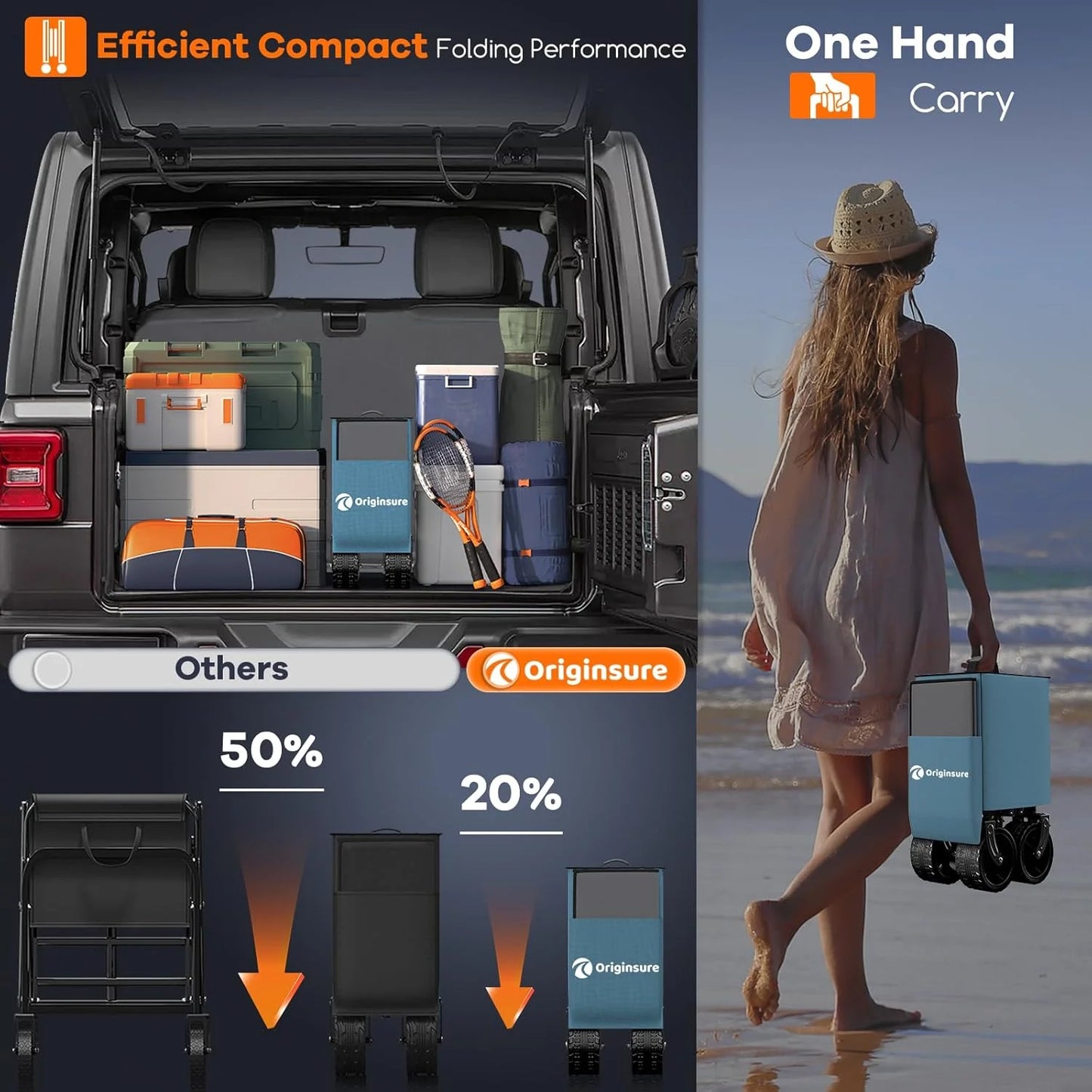 38" long foldable four-wheel stroller, foldable, 460 lb capacity, 220 liter heavy-duty folding beach stroller with large all-terrain tires