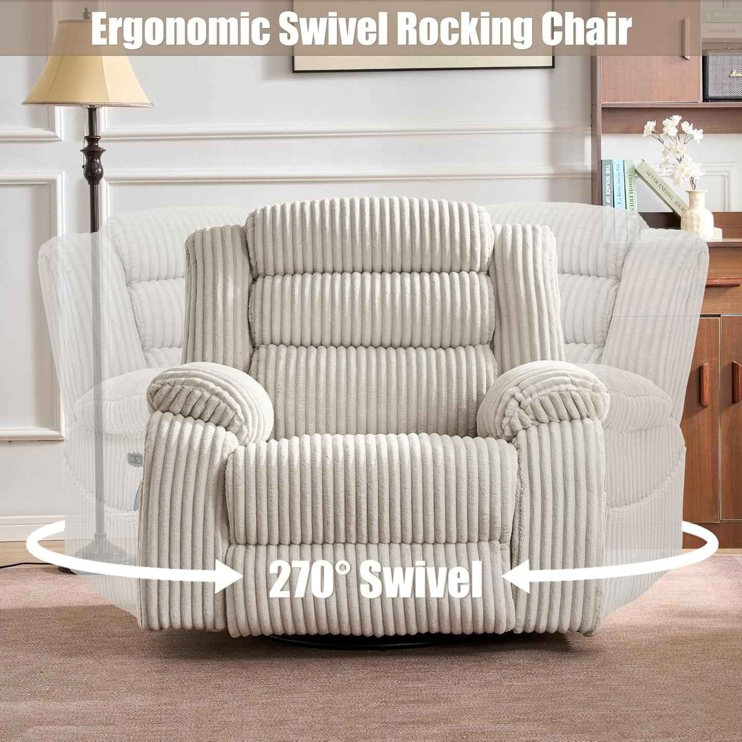 Electric rotary rocker lounge chair for adults with massage and calories, USB and C charging ports