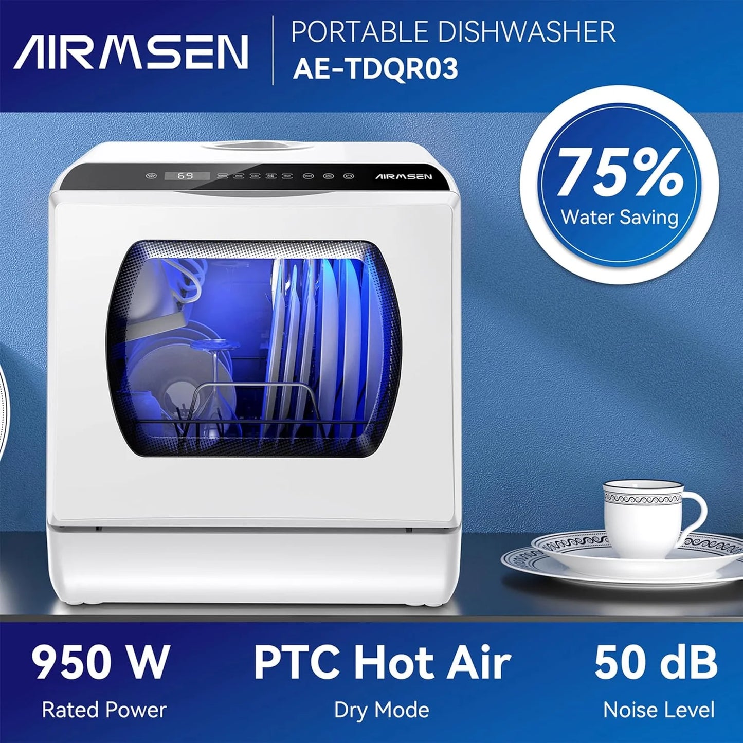 AIRMSEN portable tabletop dishwasher, 5 washing programs mini dishwasher