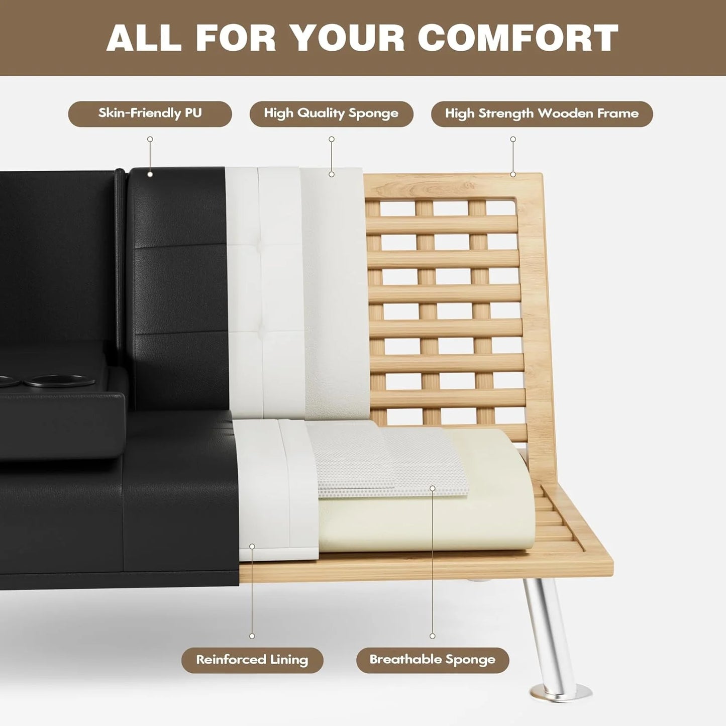 Homall Futon Sofa Bed, Leather Futon Couch with Removable Armrests, Adjustable Recliner Sleeper Sofa Bed with Dual Cup Holders for Living Room, Apartment