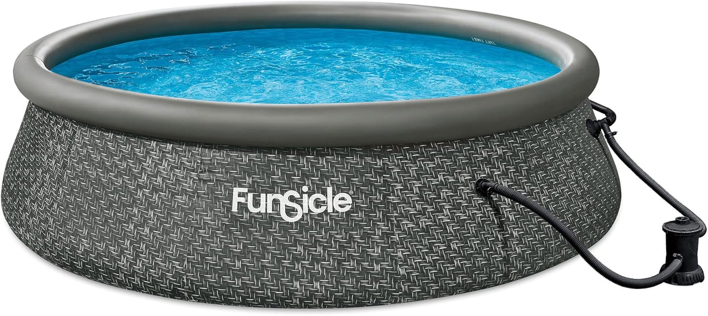 Funsicle 12 Foot by 36 Inch Quickset Round Inflatable Ring Top Outdoor Above Ground Swimming Pool Set with Pump and Cartridge Filter, Dark Herringbone