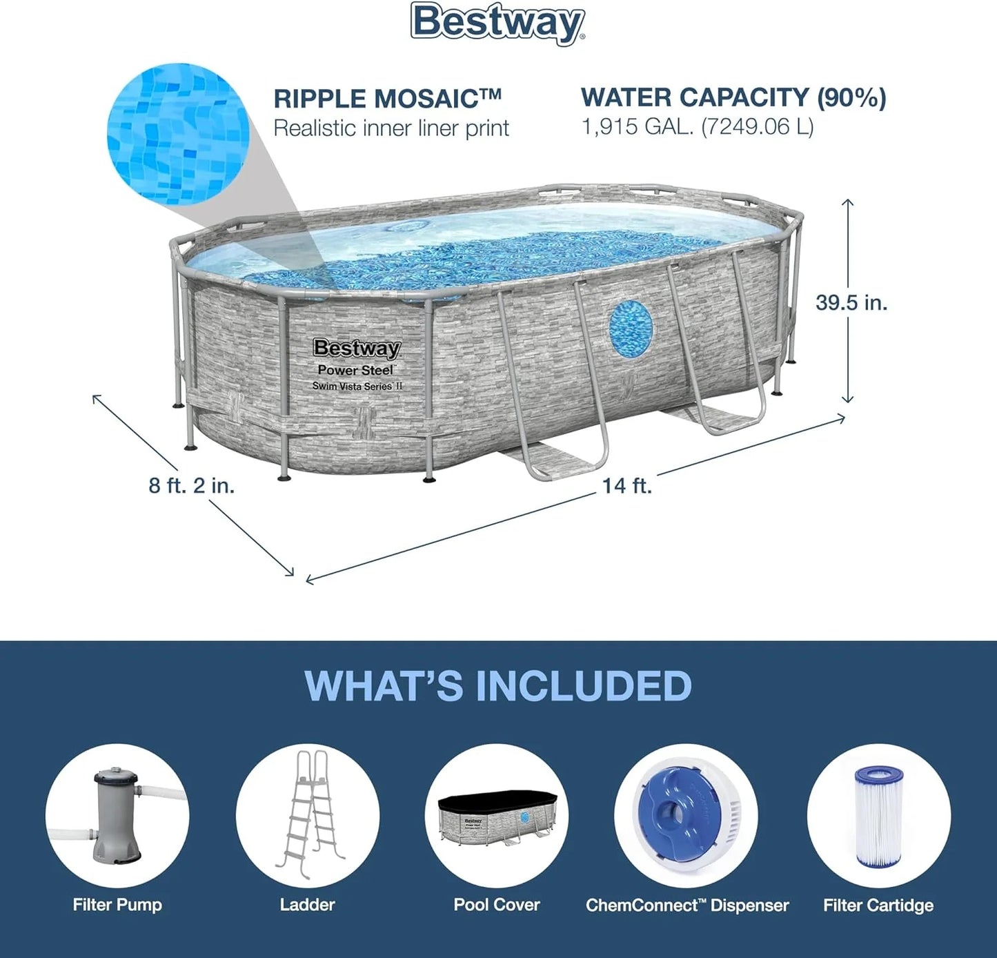 Power Steel Swim Vista Series II 14' x 8' 2" x 39.5" Above Ground Outdoor Swimming Pool Set with 530 GPH Filter Pump, Ladder, and Pool Cover