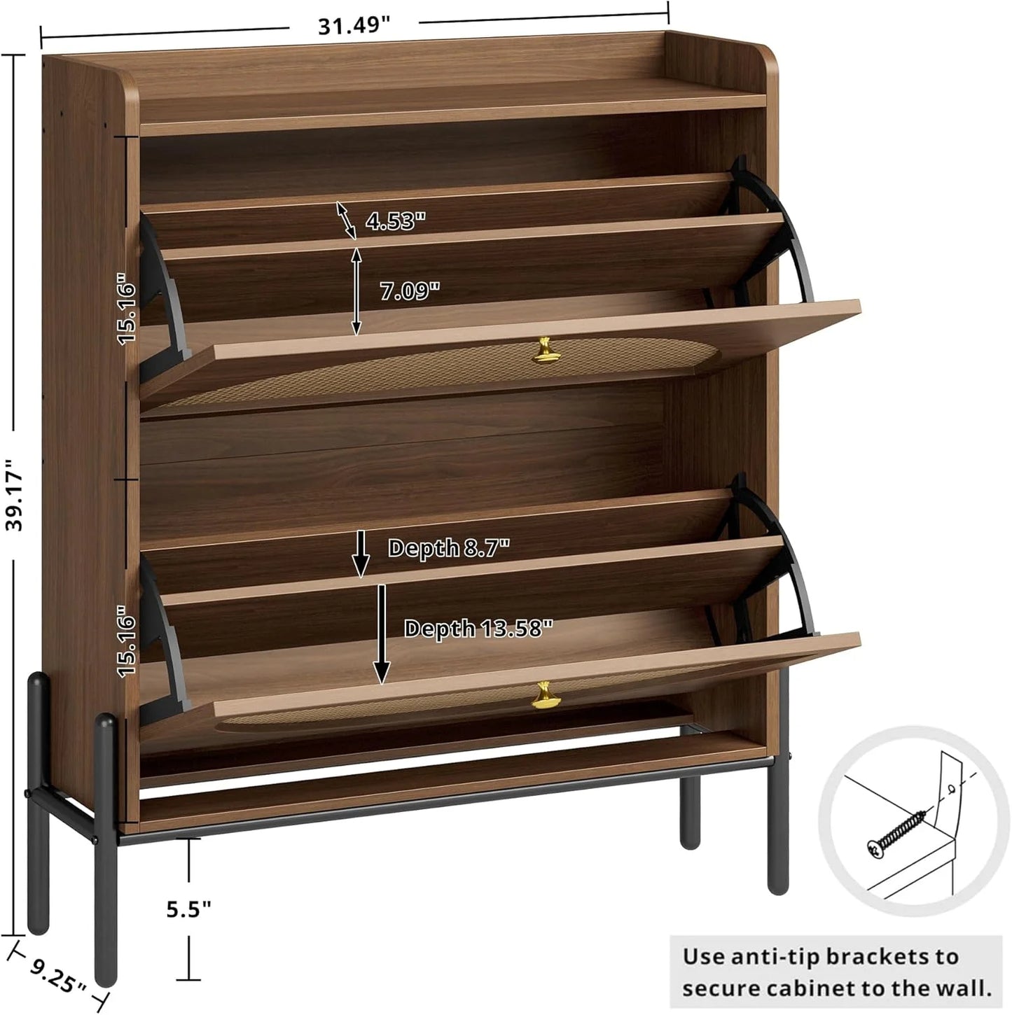 IRONCK Shoe Cabinet Storage with 2 Flip Drawers, Free Standing Wooden Shoe Storage Organizer Cabinet with Rattan Doors for Entryway, Narrow Shoe Rack Cabinet, Oak