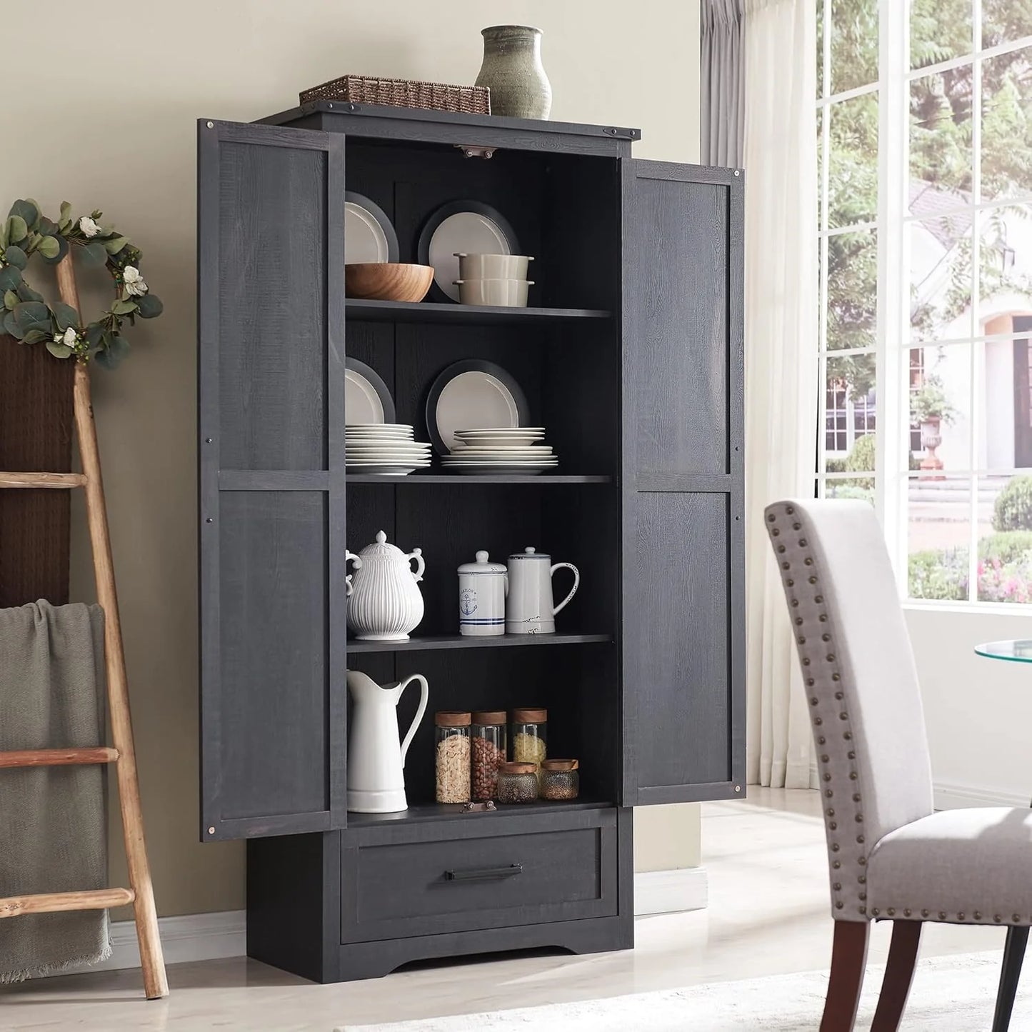 JXQTLINGMU Farmhouse Kitchen Pantry - 72" Tall Wood Kitchen Storage Cabinet with Adjustable Shelves and 2 Barn-Style Doors and Drawers