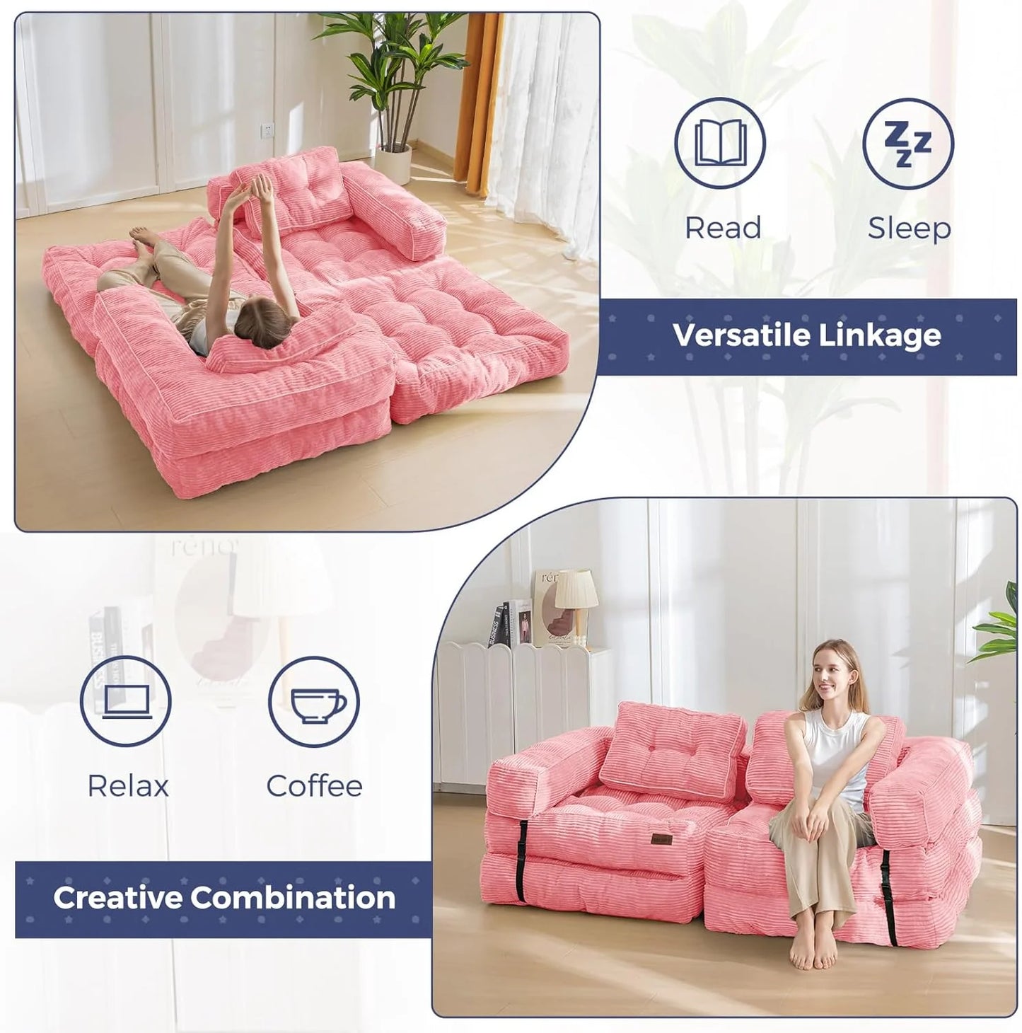 Folding Sofa Bed, L-Shaped Convertible Sofa Bed with Armrests and Pillows,