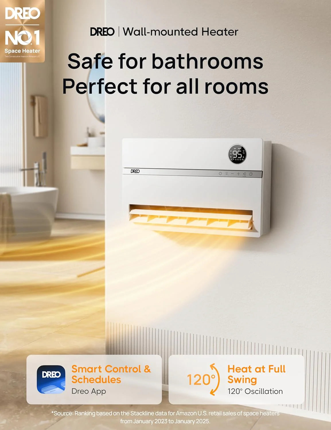 Smart wall mounted heater, bedroom electric heater, 1500W adjustable thermostat 24-hour timer easy to install indoor heater