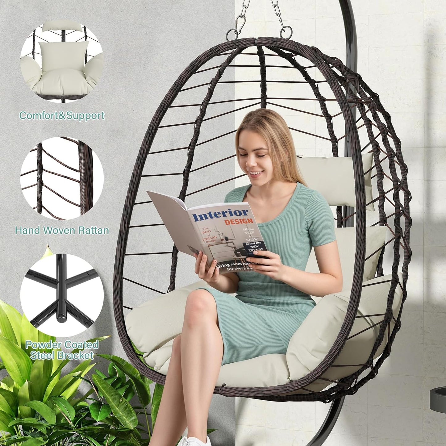 Hanging Egg Chair with Stand, Swinging Egg Chair Outdoor Indoor, Hanging Basket Chair with Cushion, Patio Wicker Hammock Chair 350lbs Capacity for Bedroom, Balcony, Backyard, Garden (Grey)