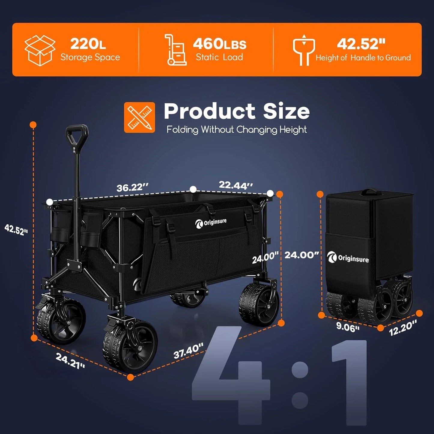 38" long foldable four-wheel stroller, foldable, 460 lb capacity, 220 liter heavy-duty folding beach stroller with large all-terrain tires