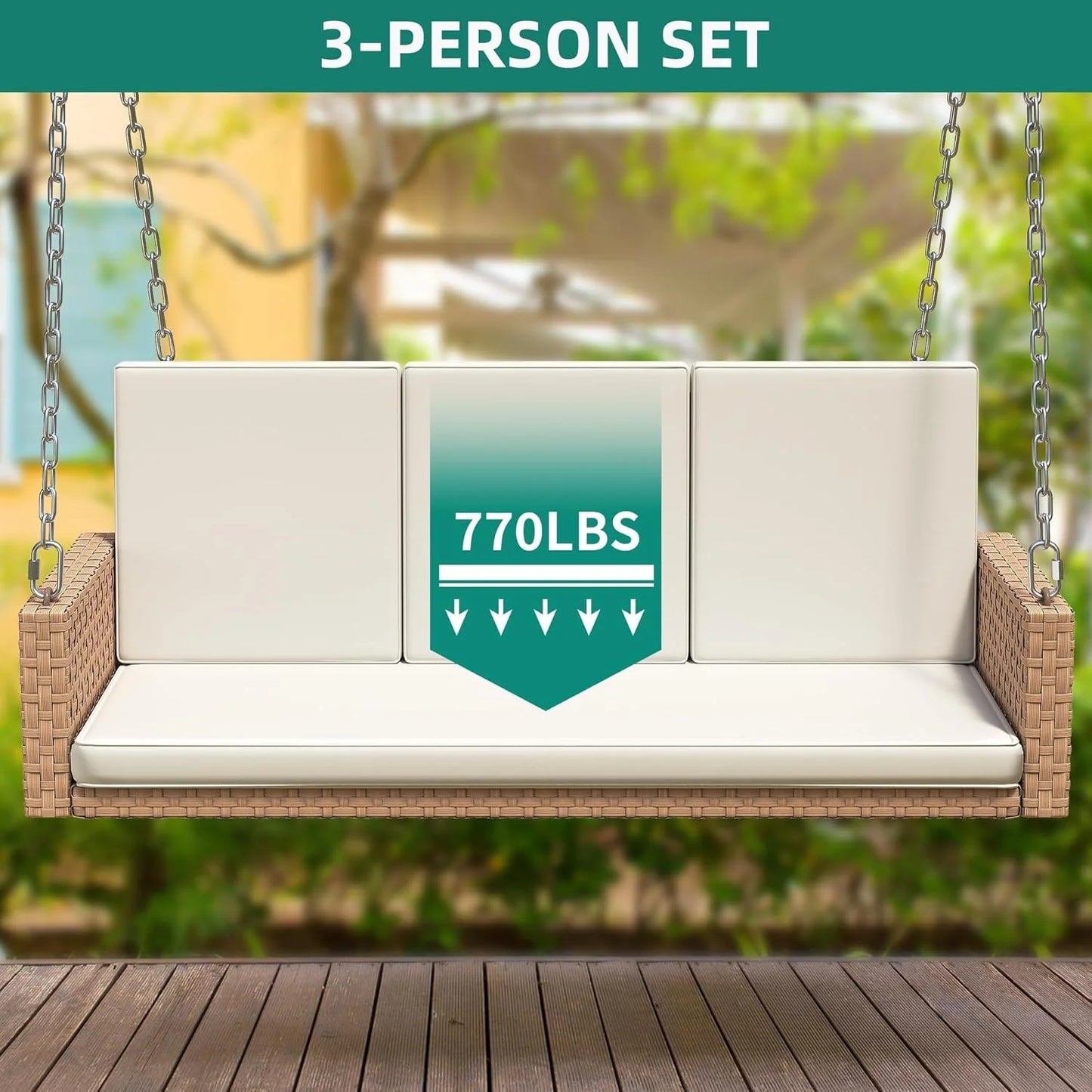 YITAHOME Hanging Porch Swing Chair Sits 3 People, Wicker Outdoor Swing Bench, Patio Lounge Chair, 1 Seating Cushion and 3 Back Cushions, w/Removable Covers, for Garden, Balcony, Backyard, Brown