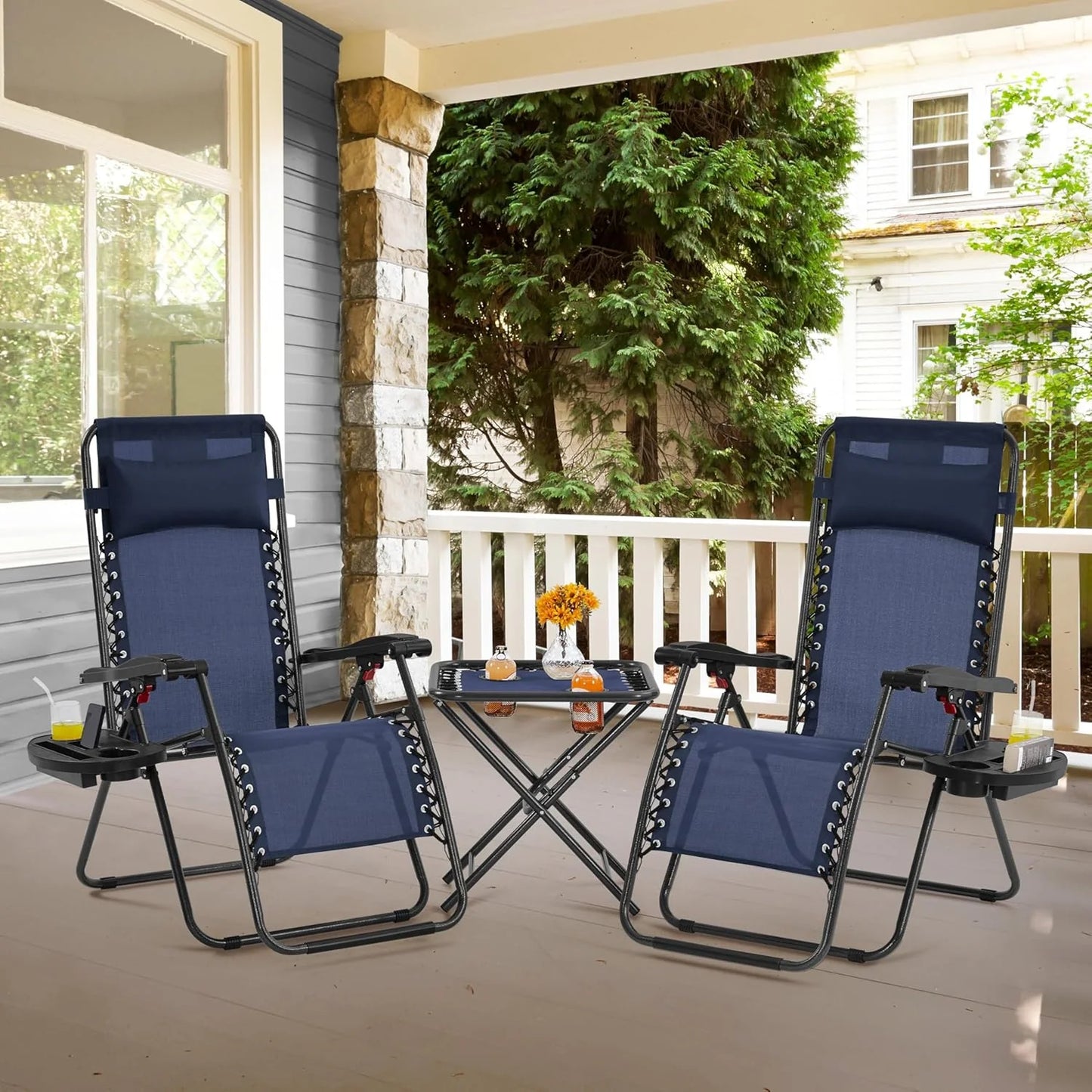 3PCS Zero Gravity Recliner Portable Outdoor Reclining Chair Set w/Side Table Folding Chaise Lounge Chairs