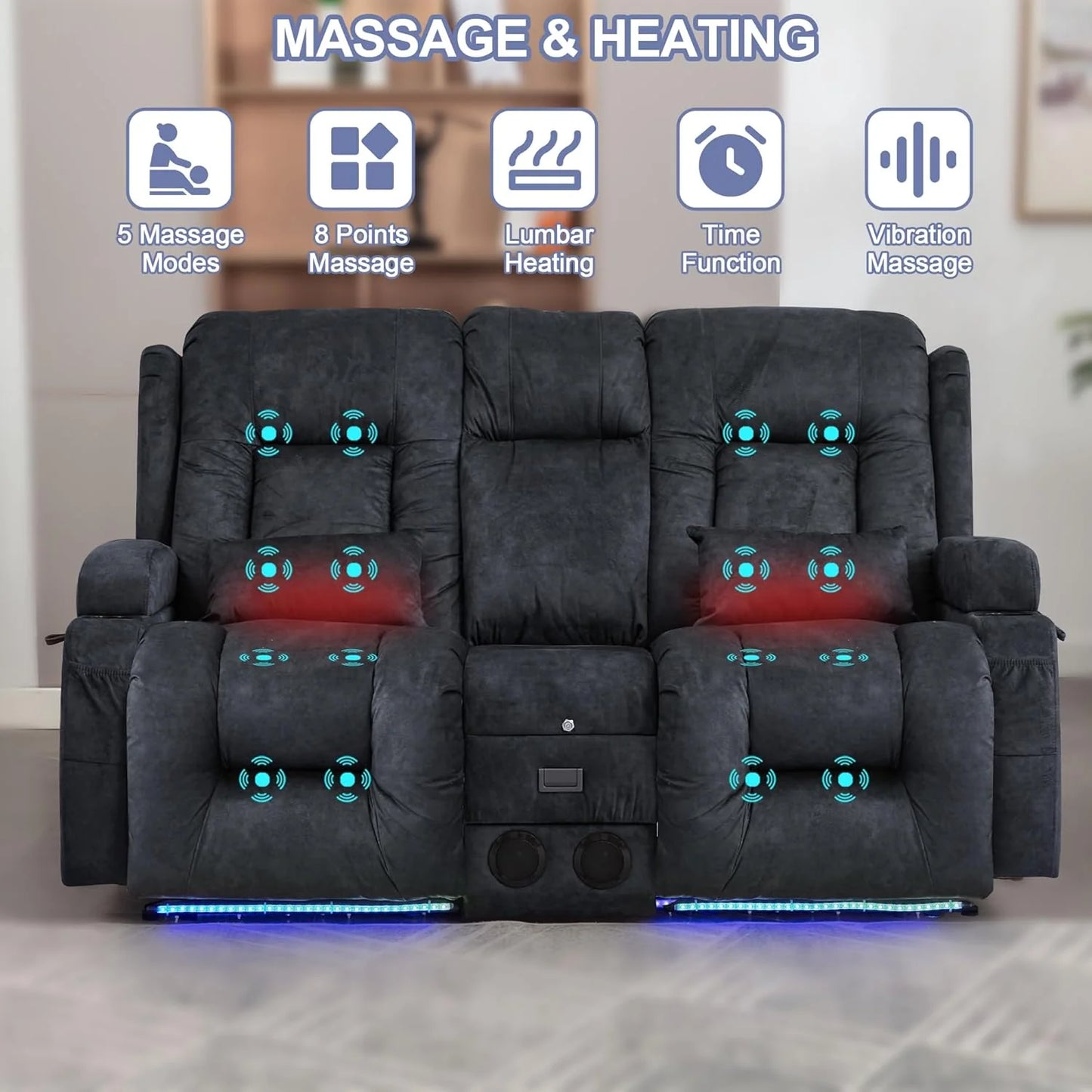 TUNYI Power Loveseat Recliner Sofa with Massage & Heat Home Theater Seating with Console Electric Recliner RV Sofa with USB/Outlet/Storage/Side Pocket/LED Light/Speaker (Brown, Loveseat)