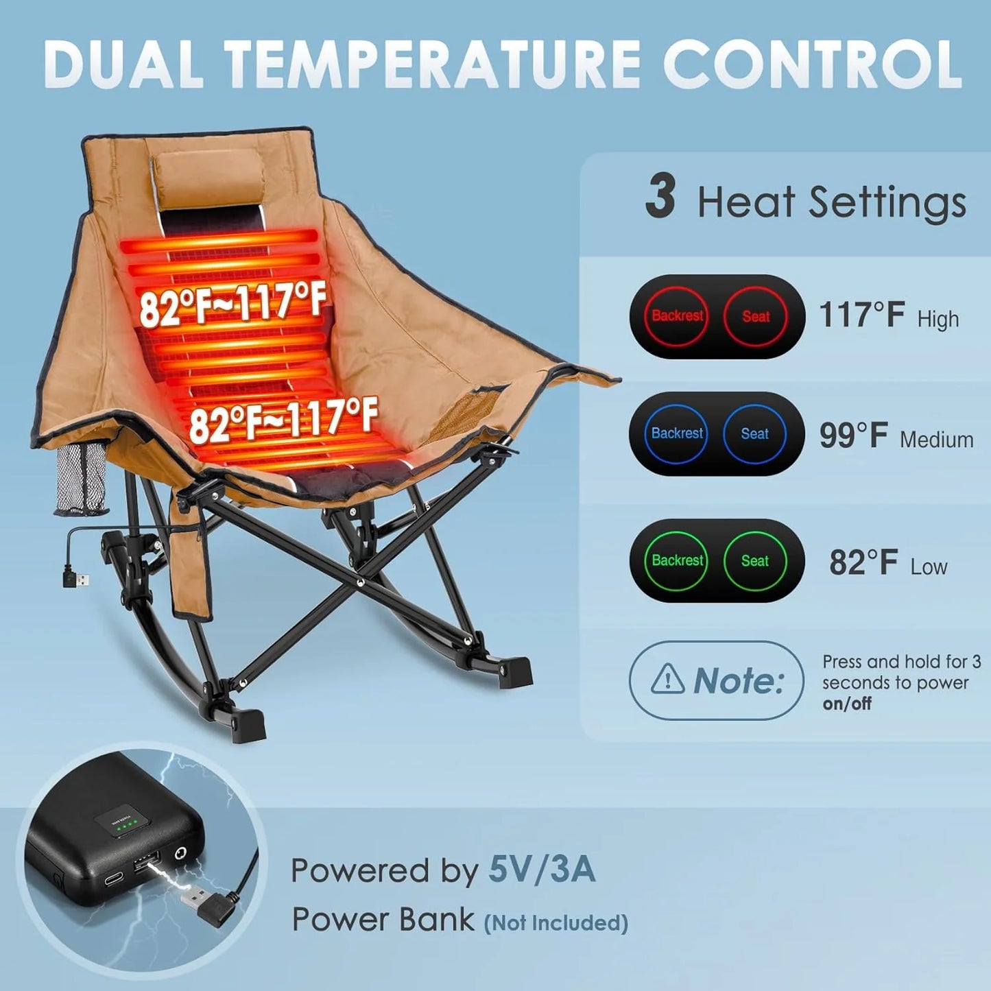 Heated Camping Chair, Extra Large Heated Chair Outdoor Sports Chair with 3 Heat Levels on Back and Seat, Portable Folding Heated Outdoor Chair (Batteries Not Included)