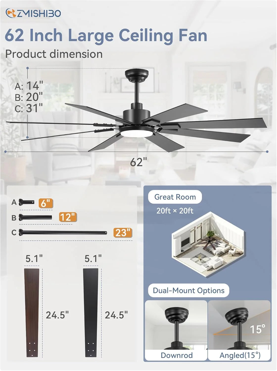 Zmishibo 72-inch large ceiling fan with lighting and remote indoor/outdoor