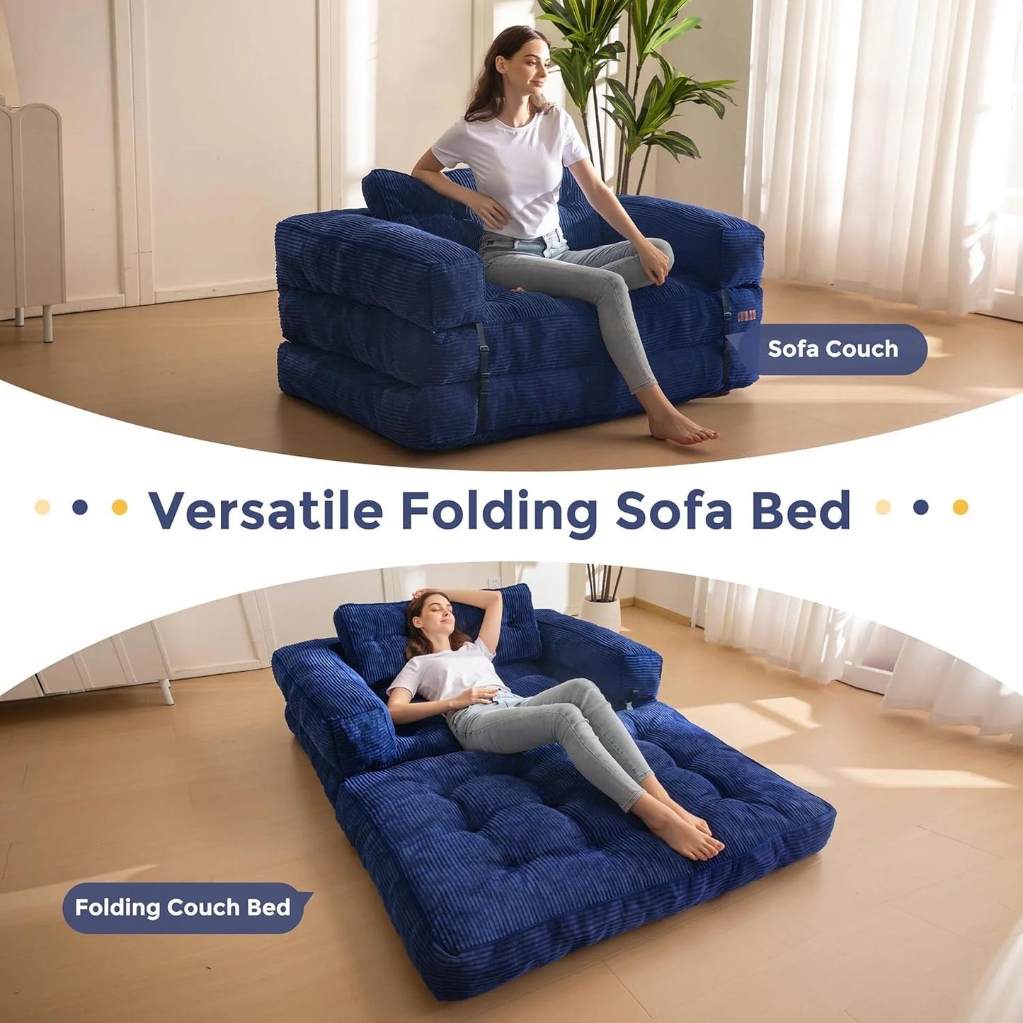 Folding Sofa Bed, L-Shaped Convertible Sofa Bed with Armrests and Pillows,
