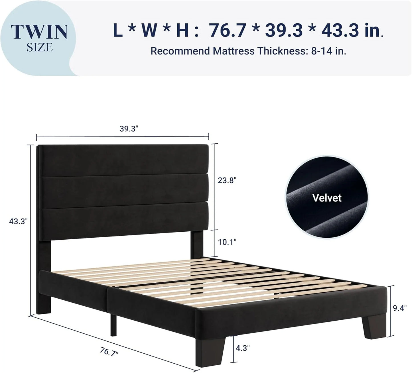 Allewie King size platform bed frame with velvet upholstered headboard and planks