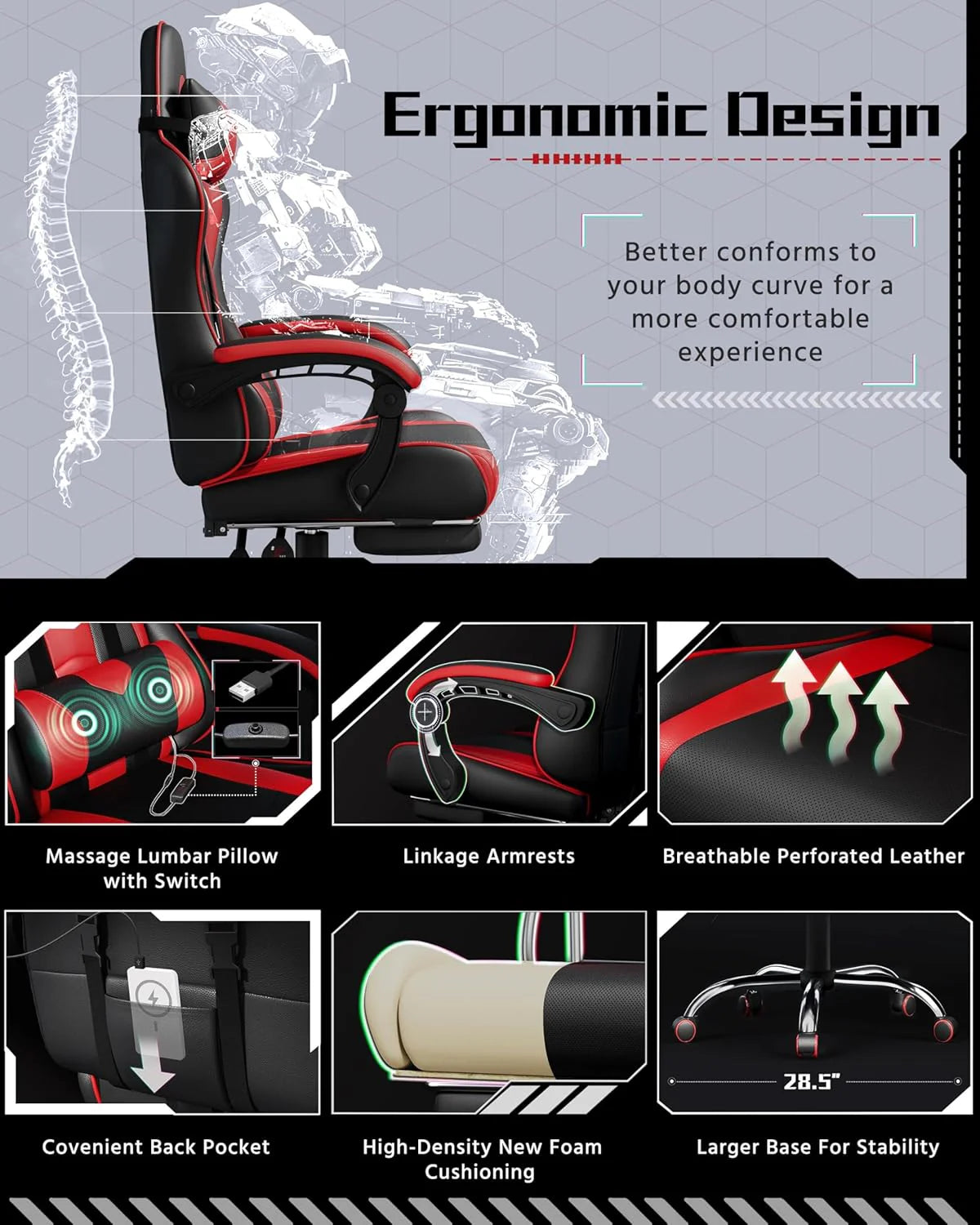 Gaming Chair with Massage Lumbar Support and Footrest Height Office Gaming Chair