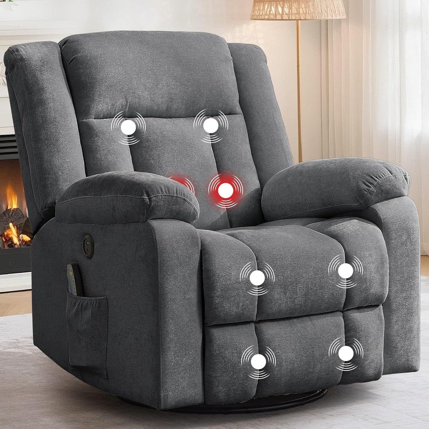 Adult rocking chair, gliding recliner, 360° rotating rocking chair with massage and heating function