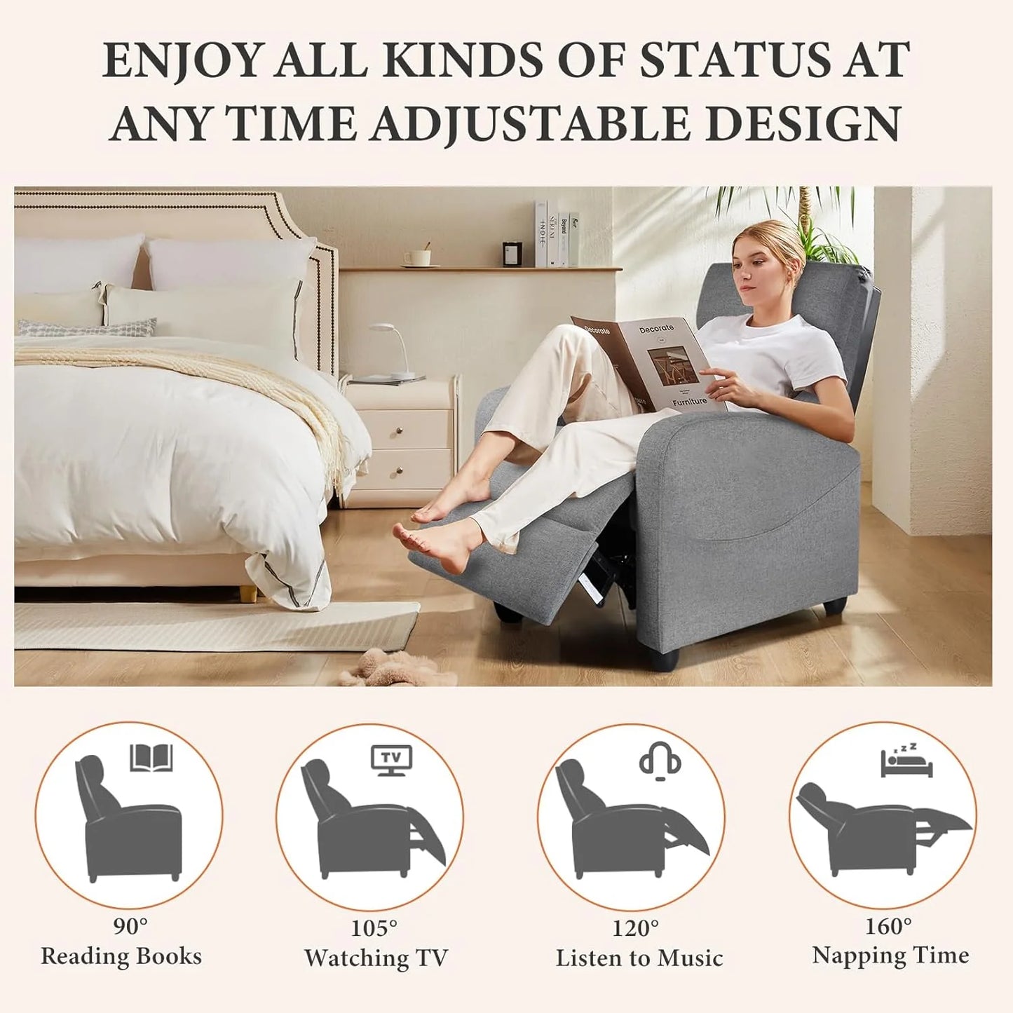 Sweetcrispy Massage Recliner Chair for Adults, Adjustable Home Theater Seating with Lumbar Support for Living Room, Modern Fabric Reclining, Light Grey