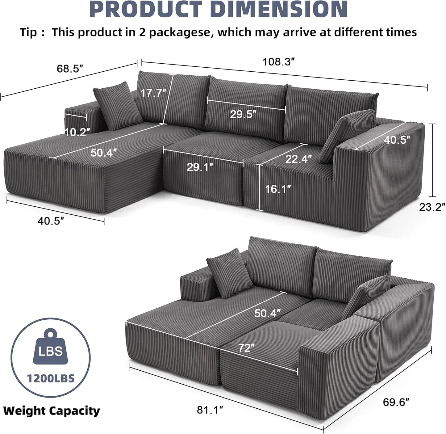 108 inch sectional sofa, cloud sectional sofa with deep seat, modern sectional L shaped sofa