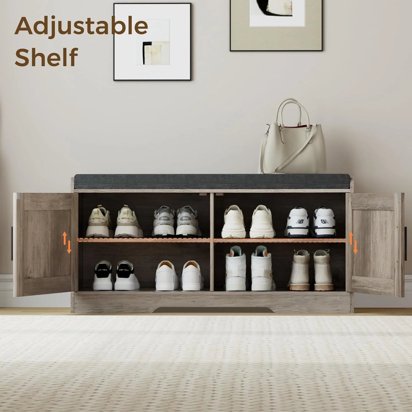 2-Tier Storage Bench, Shoe Bench with Thickened Padded Seat Cushion, Entryway Bench with 4 Doors, Adjustable Shelf