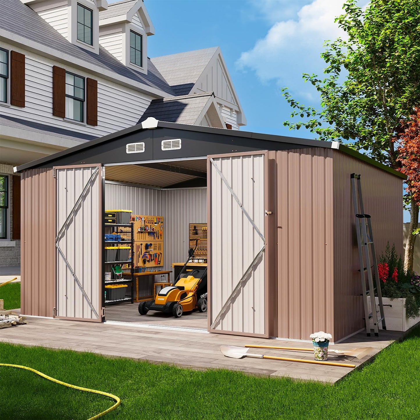 Aoxun 12x10 FT Shed Metal Outdoor Waterproof Storage Shed Steel Utility Garden Tool Shed with Door & Lock Outdoor Storage for Garden Patio Lawn Poolside, Brown