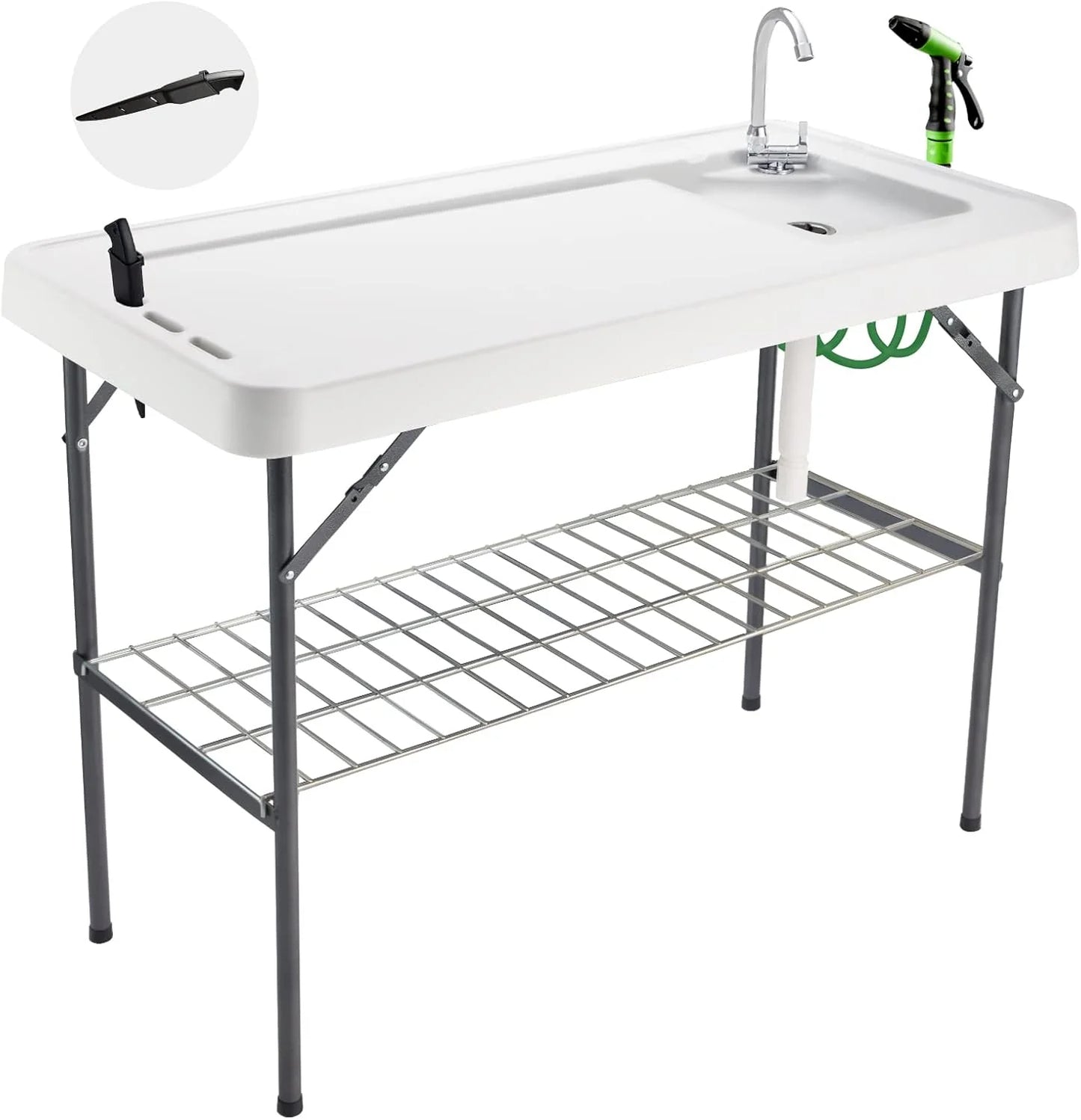 Folding Fish Cleaning Table Portable Camping Sink Table with Faucet Drain Hose and Sprayer Outdoor Fish Fillet Cleaning Station