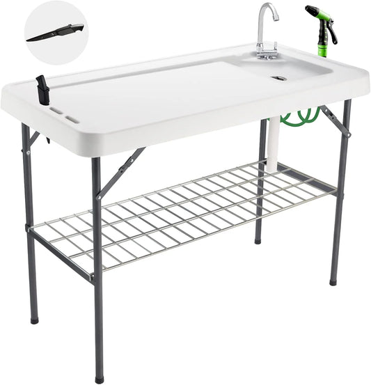 Folding Fish Cleaning Table Portable Camping Sink Table with Faucet Drain Hose and Sprayer Outdoor Fish Fillet Cleaning Station
