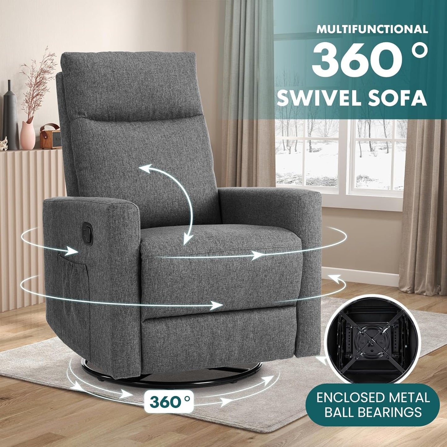Swivel high-back rocking chair with footrest, padded glider baby chair with comfortable deep seat