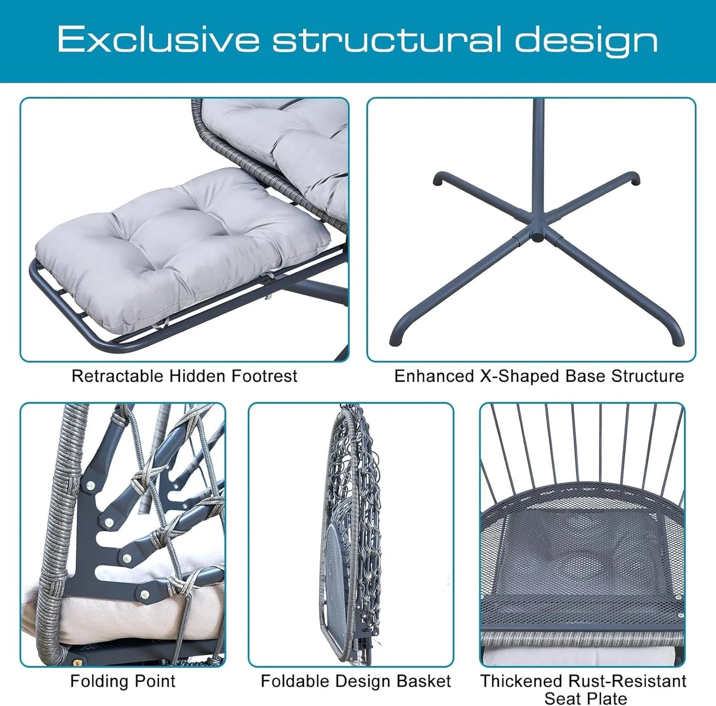 Hanging Egg Chair with Stand and Leg Rest – Rattan Wicker Swing Hammock Chair, UV-Resistant Cushion, Heavy-Duty Frame for Indoor & Outdoor Patio, Bedroom, Balcony, Garden – 330 lbs Capacity.