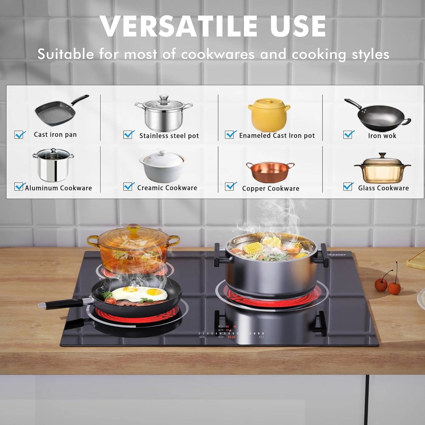 Electric Cooktop 30 Inch - 5 Burners Built-in Ceramic Cooktop, 30" Electric Stove Top with Glass Protection Metal Frame, 9 Heating Level, 8400W, 220-240V for Hard Wire(No Plug)