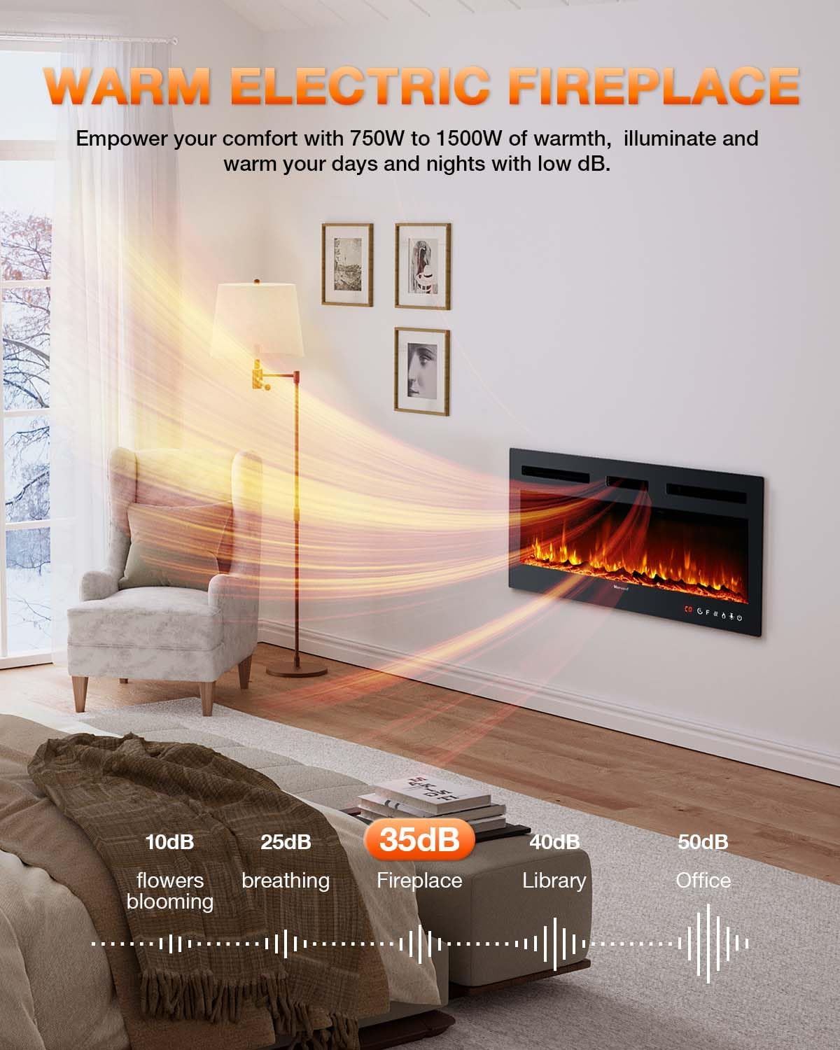 Electric Fireplace 60Inch,Wall Mounted Electric Fireplace Heater with Timer Inserts，TV Stand Touch Screen and Realistic Flame,Log Set,Crystal Flames 750 to 1500W，Remote for Living Room