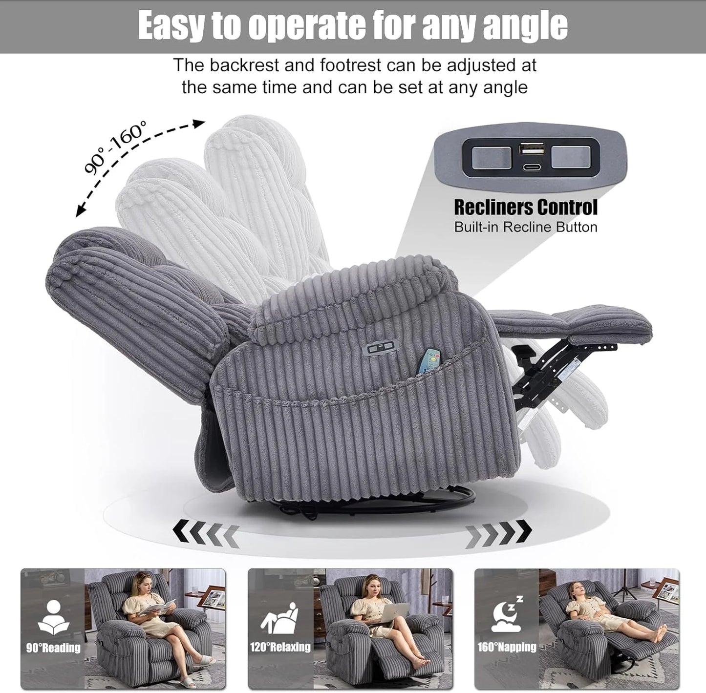 Electric rotary rocker lounge chair for adults with massage and calories, USB and C charging ports