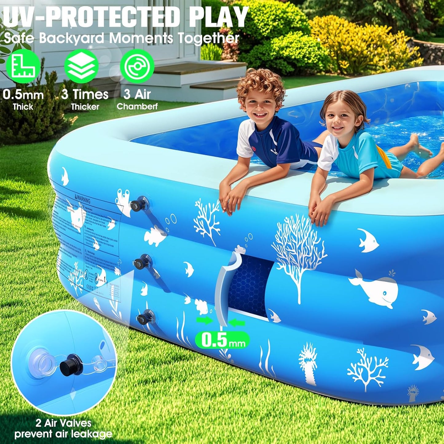 Inflatable Pool with Seat and Pool Lights, Durable Thickened Large Size Family Inflatable Pools for Adults Blow Up Pools,105" x 65" x 25"Swimming Inflatable Kids PooI for Backyard,Outdoor (White)