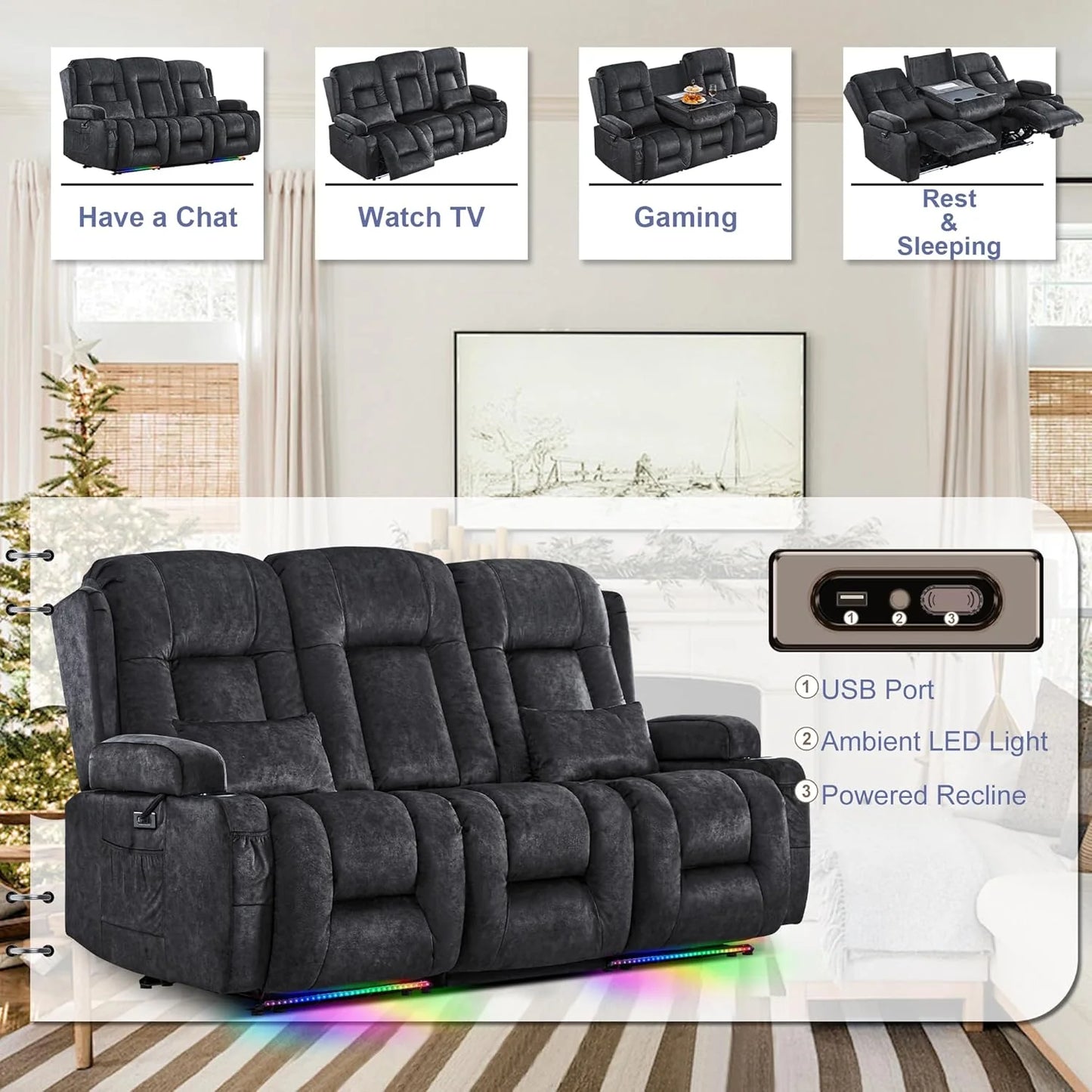 TUNYI Power Loveseat Recliner Sofa with Massage & Heat Home Theater Seating with Console Electric Recliner RV Sofa with USB/Outlet/Storage/Side Pocket/LED Light/Speaker (Brown, Loveseat)