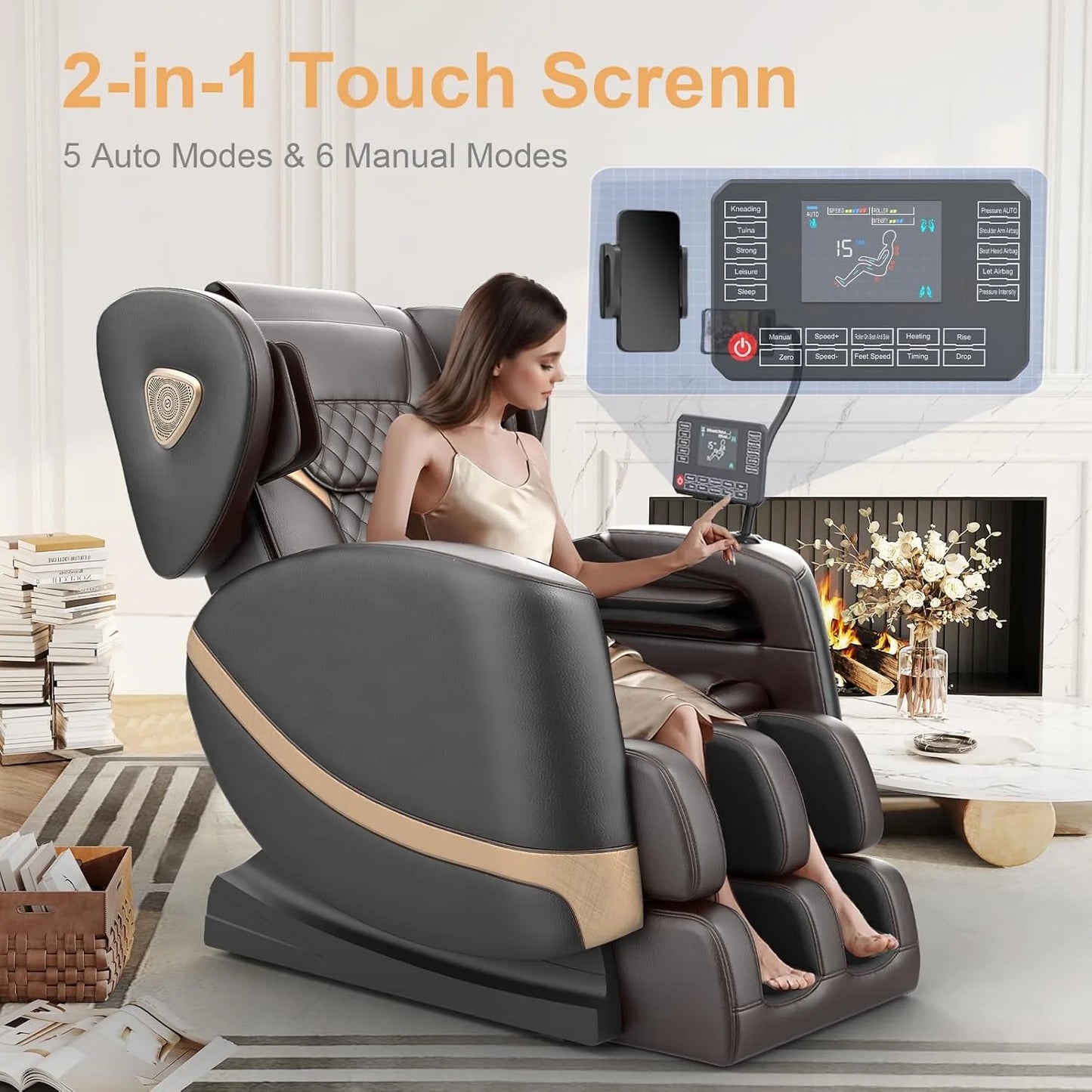 2025 Massage Chair Full Body, Zero Gravity Massage Chair with 10 Fix Rollers, Heating, Foot Massage, Auto Modes, Bluetooth Speaker, Touch Screen Controller (Black & Brown)