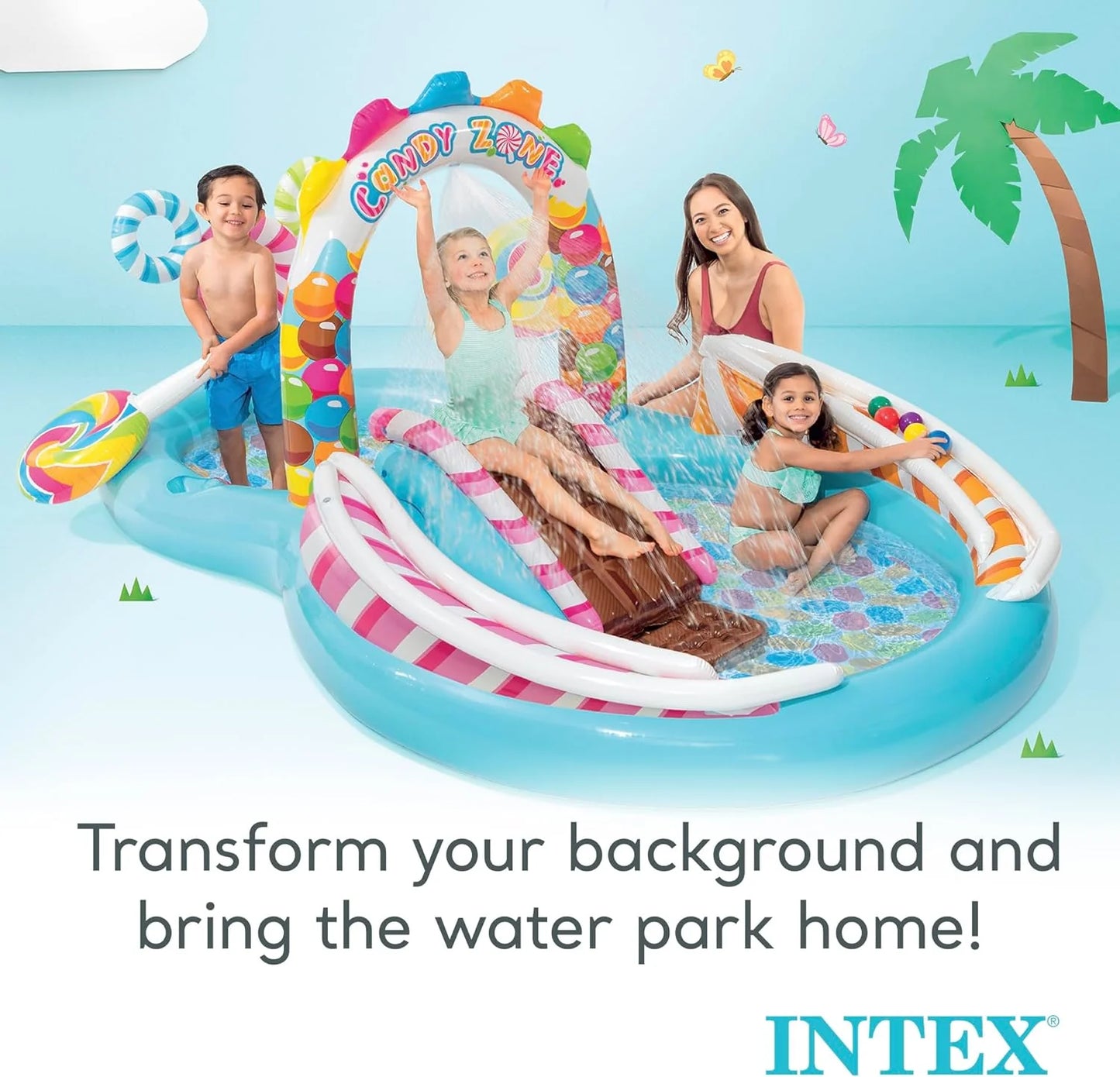 Intex 96" x 78" x 28" Inflatable Jungle Adventure Play Center Spray Kiddie Pool - Backyard Kids Water Slide, Outdoor Blow-Up Splash Pad for Toddlers