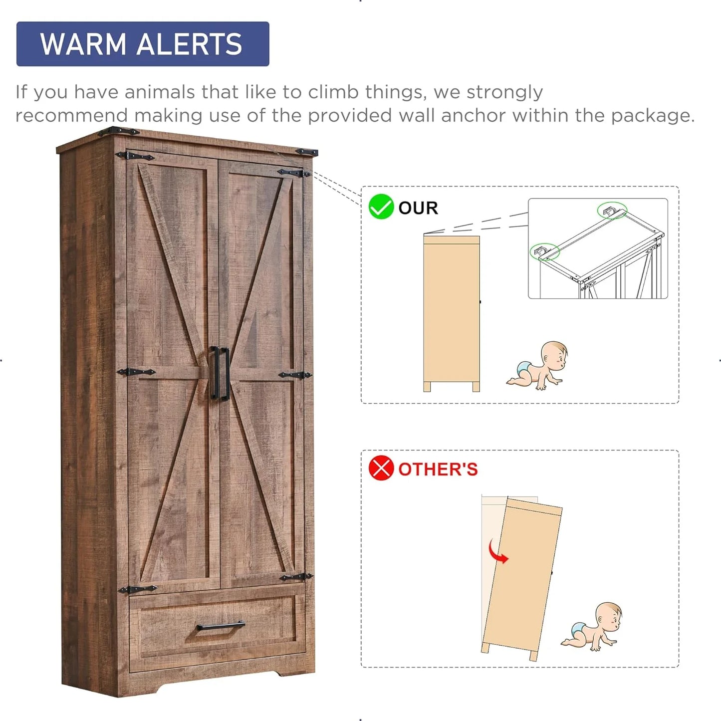 JXQTLINGMU Farmhouse Kitchen Pantry - 72" Tall Wood Kitchen Storage Cabinet with Adjustable Shelves and 2 Barn-Style Doors and Drawers