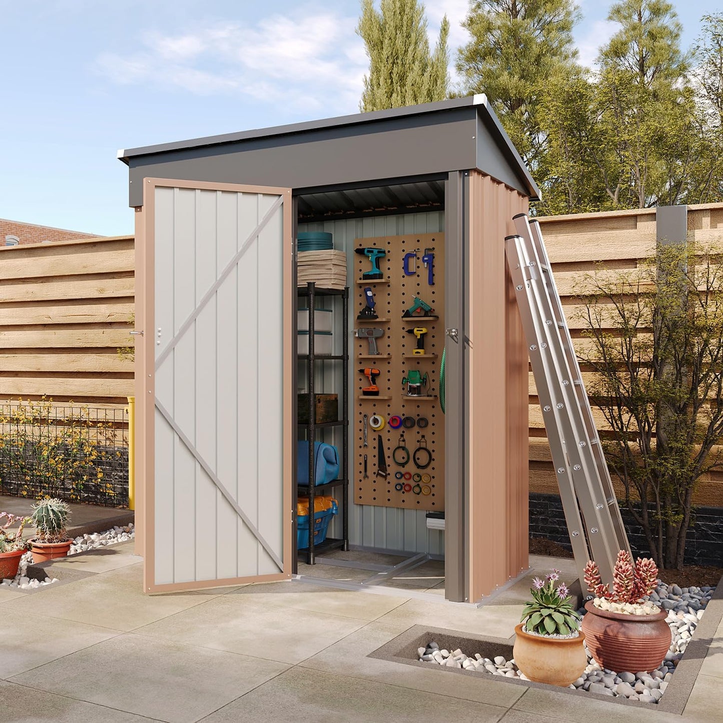 Aoxun 6.2x4 FT Shed Outdoor Storage Shed Metal Garden Shed with Lockable Doors & Slooping Roof Tool Shed Bike Shed for Backyard, Patio, Poolside (Brown)