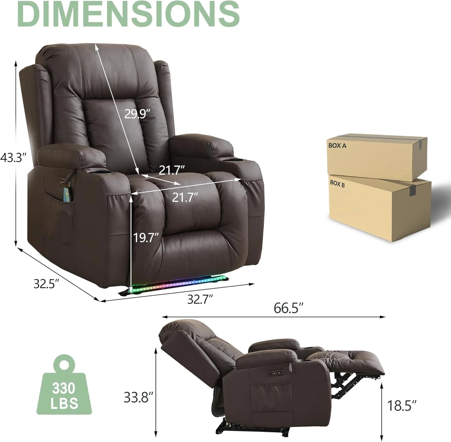 TUNYI Power Loveseat Recliner Sofa with Massage & Heat Home Theater Seating with Console Electric Recliner RV Sofa with USB/Outlet/Storage/Side Pocket/LED Light/Speaker (Brown, Loveseat)