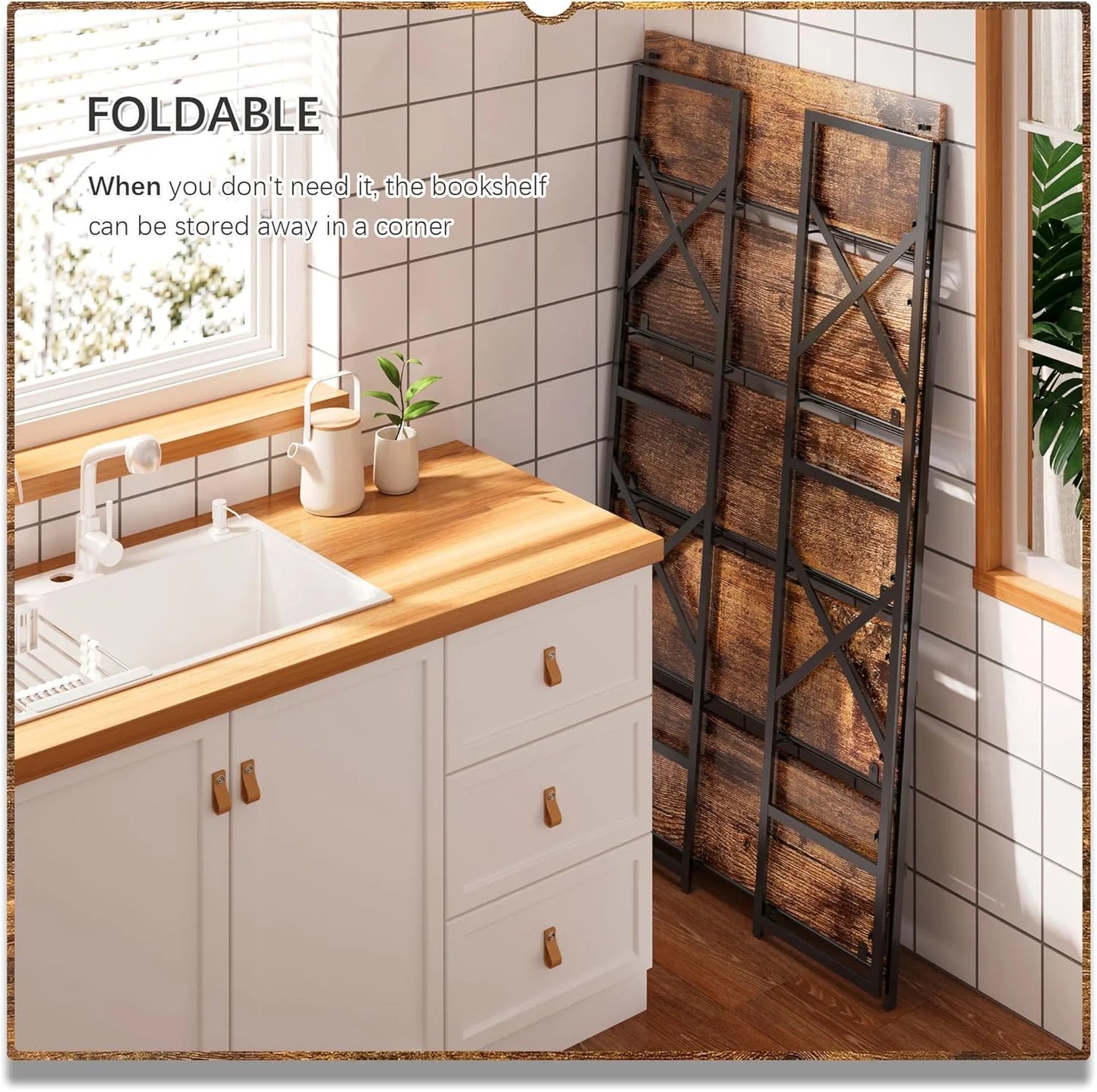 5 Tiers No Assembly Book Shelves 51.2" H Folding Bookshelf Bookcase