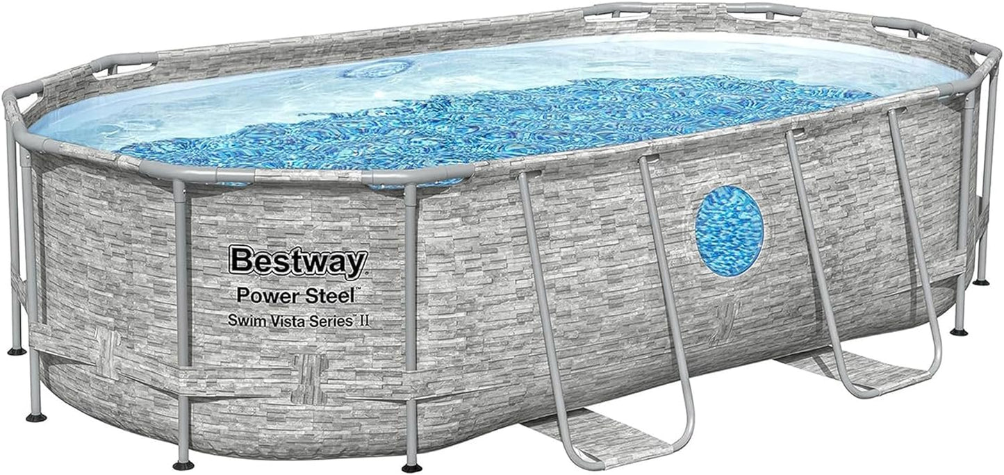 Power Steel Swim Vista Series II 14' x 8' 2" x 39.5" Above Ground Outdoor Swimming Pool Set with 530 GPH Filter Pump, Ladder, and Pool Cover
