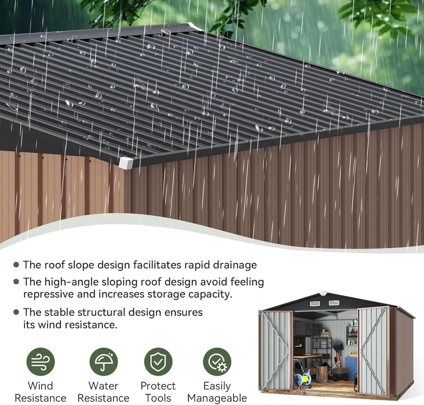 Aoxun 12x10 FT Shed Metal Outdoor Waterproof Storage Shed Steel Utility Garden Tool Shed with Door & Lock Outdoor Storage for Garden Patio Lawn Poolside, Brown