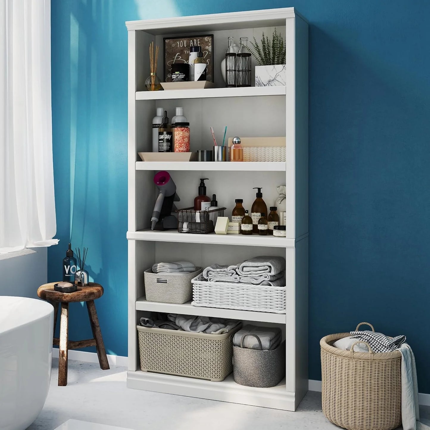 70-Inch Tall White Bookcase 5 Tiers Shelves Open Storage Bookshelf