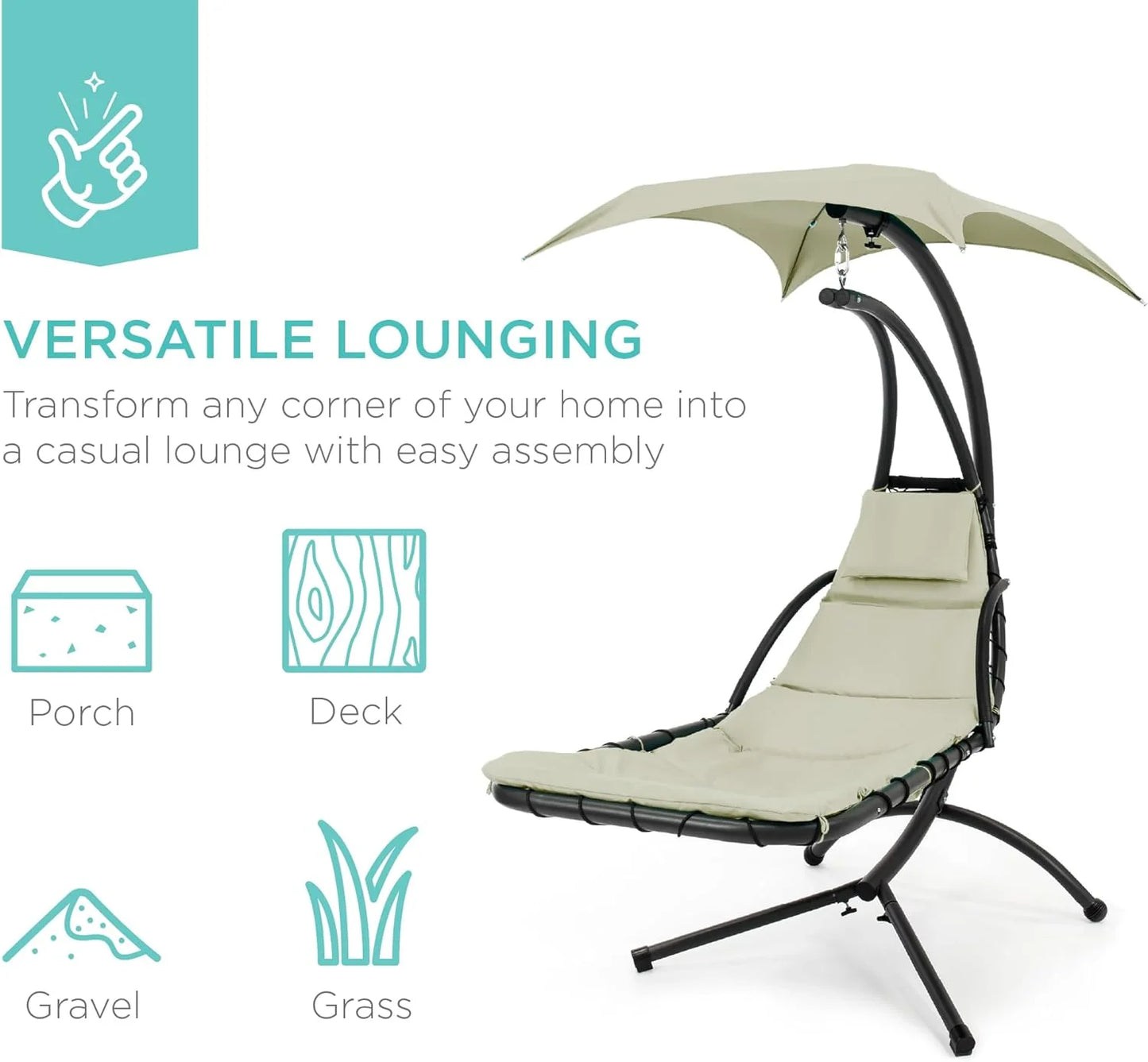 Best Choice Products Outdoor Hanging Curved Steel Chaise Lounge Chair Swing w/Built-in Pillow and Removable Canopy - Teal