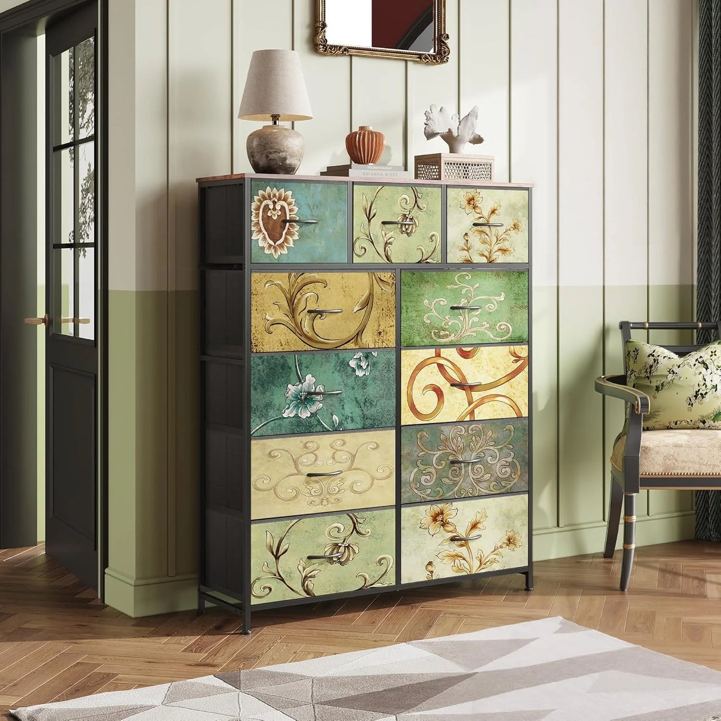 Storage Organizer Unit with 11 Fabric Bins, Storage Drawers Organizer with Steel Frame, Tall Storage Tower Organizaton