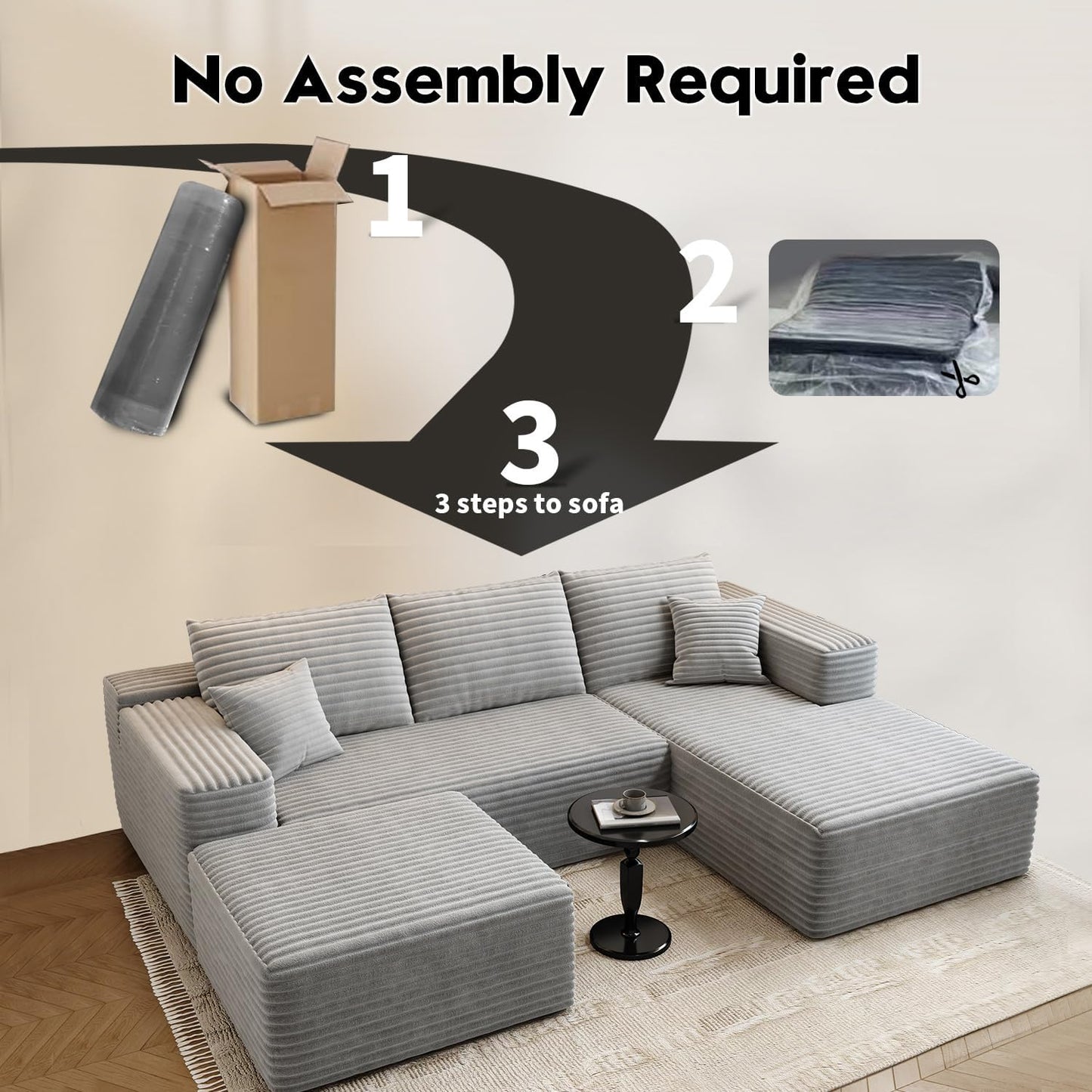 107.5 inch Cloud Modular Sectional Sofa with L-Shaped Chaise Lounge, Modern Minimalist Upholstered Sofa Deep Seating Corner Sofa